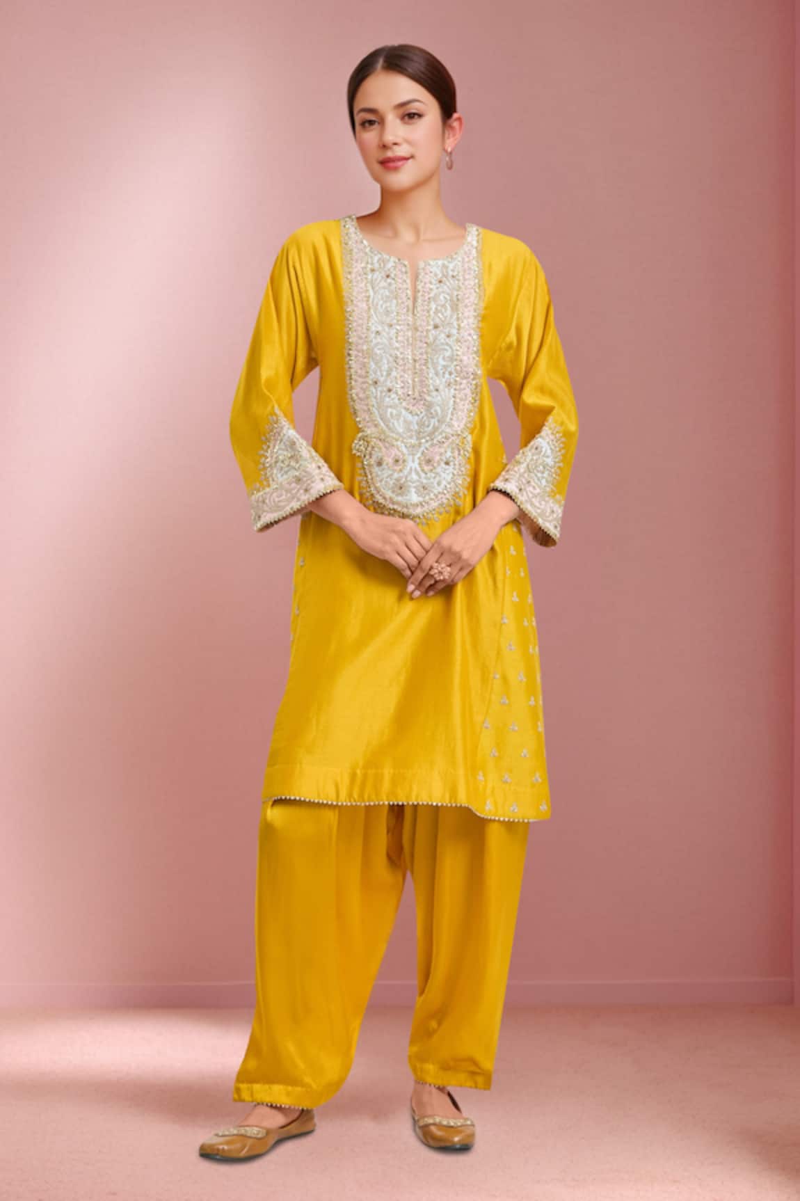 Sheetal Batra Mustard Yellow Embroidered Shamshul Kurta & Salwar Set 