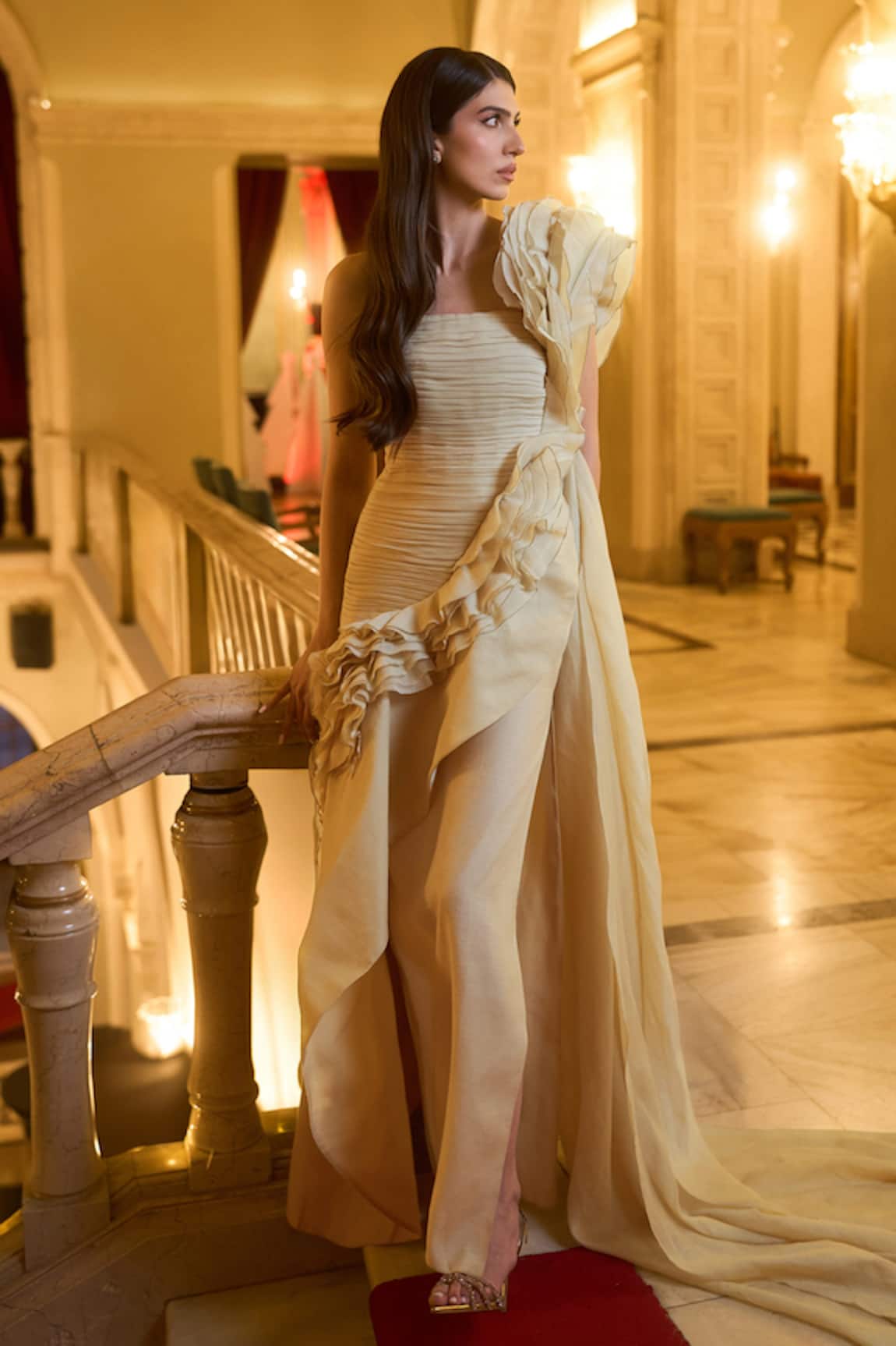 Supria Munjal Dusty Yellow Organza Designer Gown 