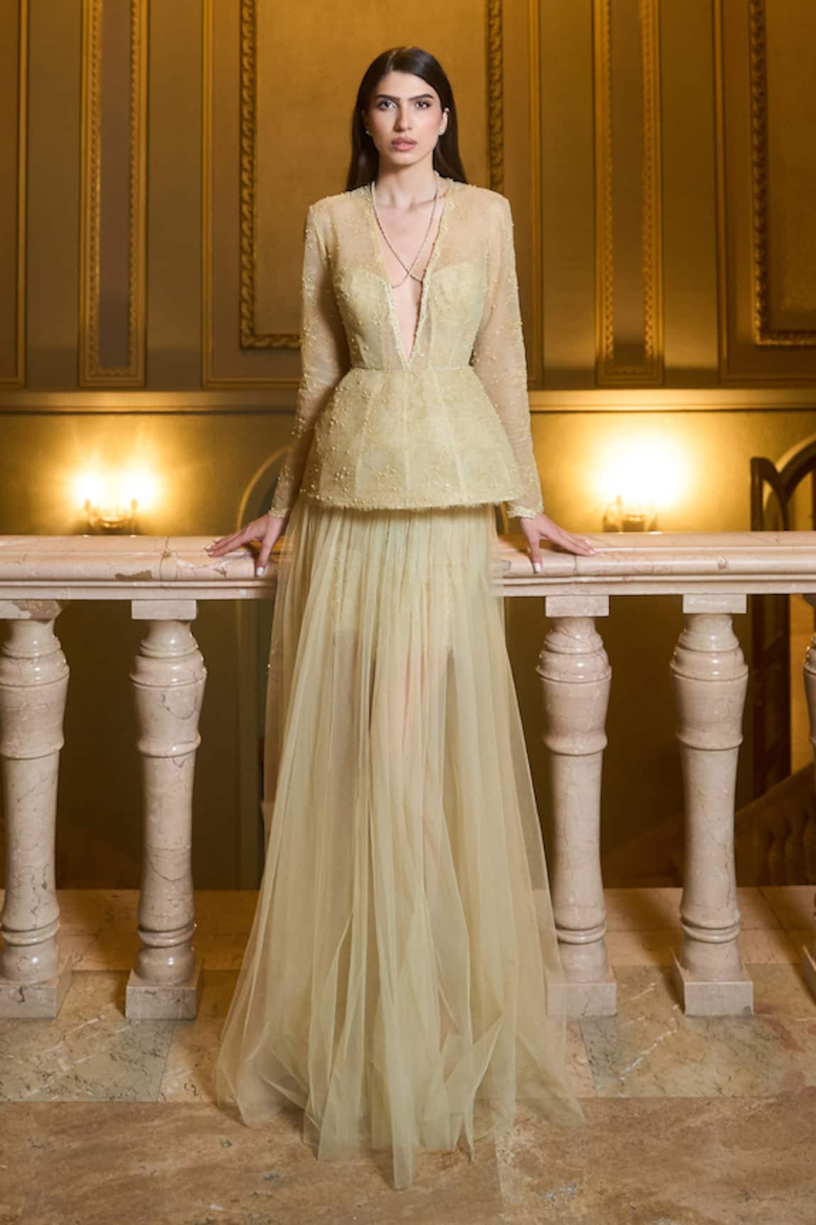 Supria Munjal Dusty Yellow Lace Tulle Gown 