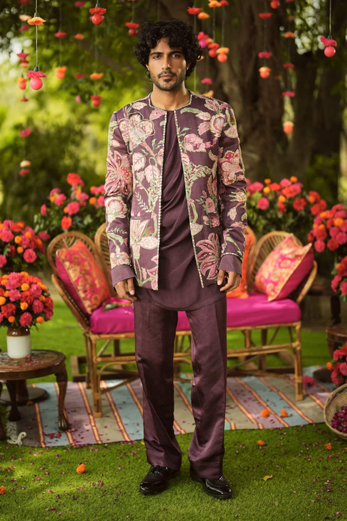 Mahima Mahajan Burgundy Floral Embroidered Jacket Set 