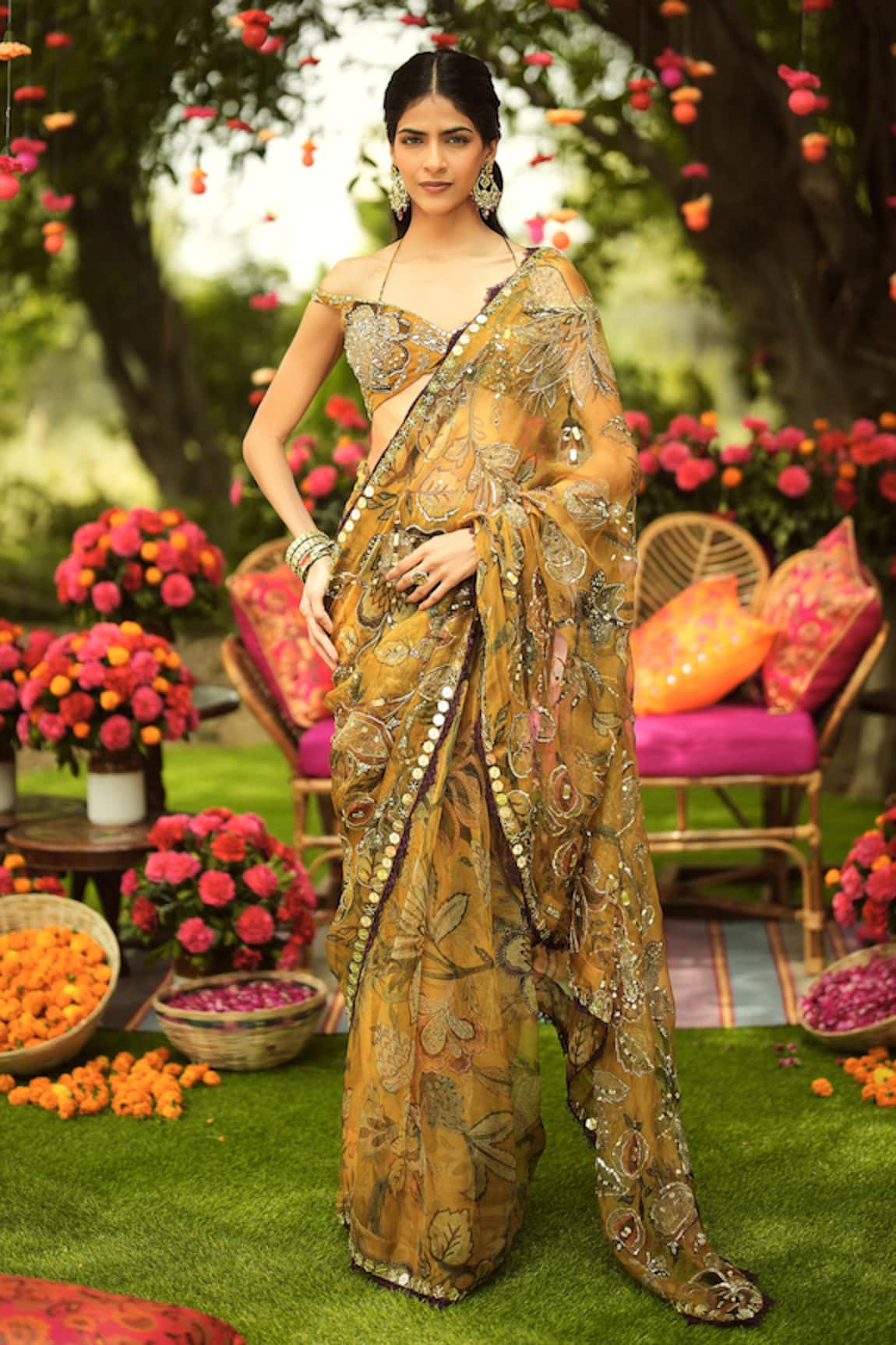 Mahima Mahajan Designer Old Gold Pre-Draped Saree Set 