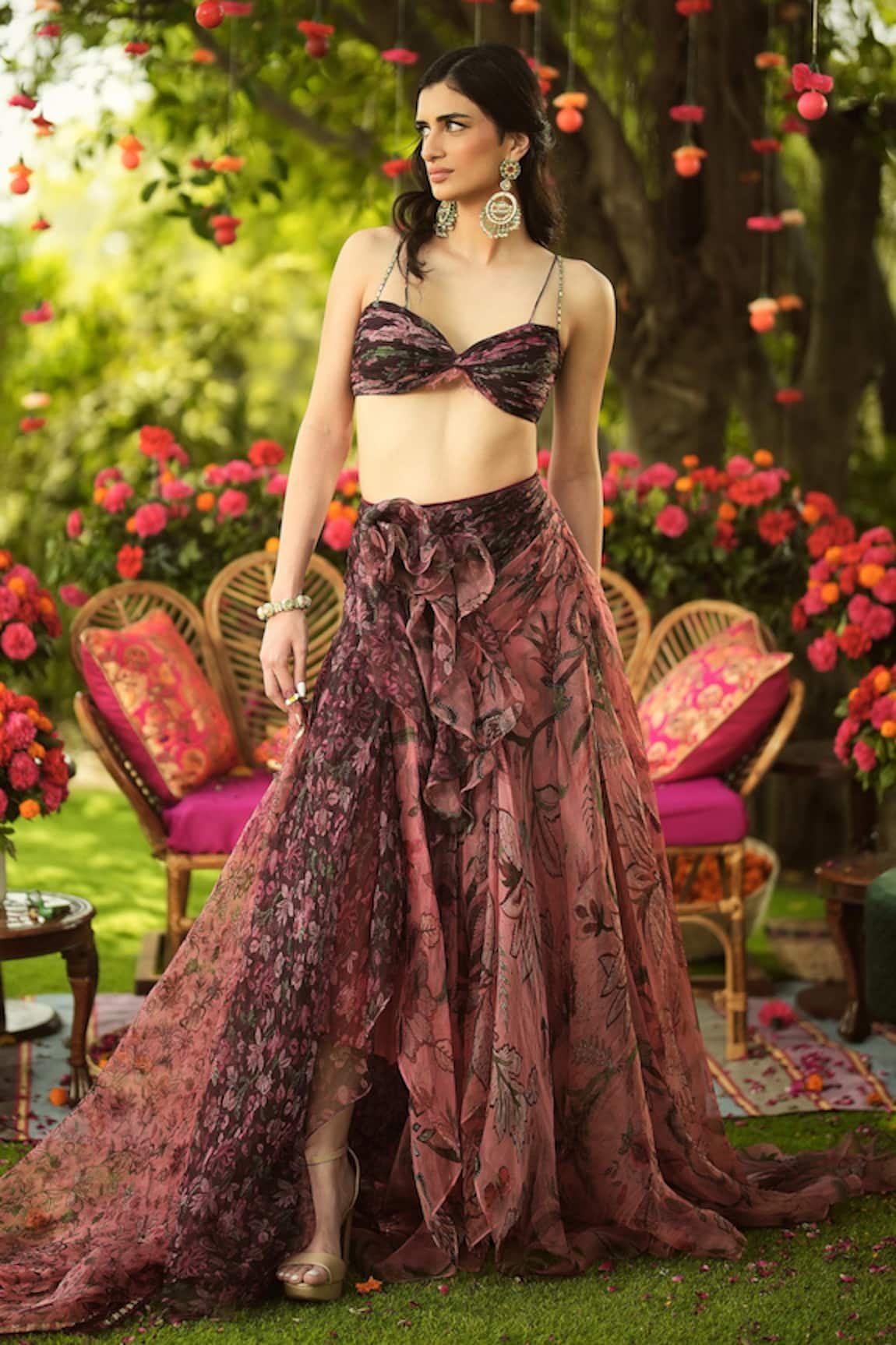 Mahima Mahajan Burgundy Floral Organza Lehenga Set 