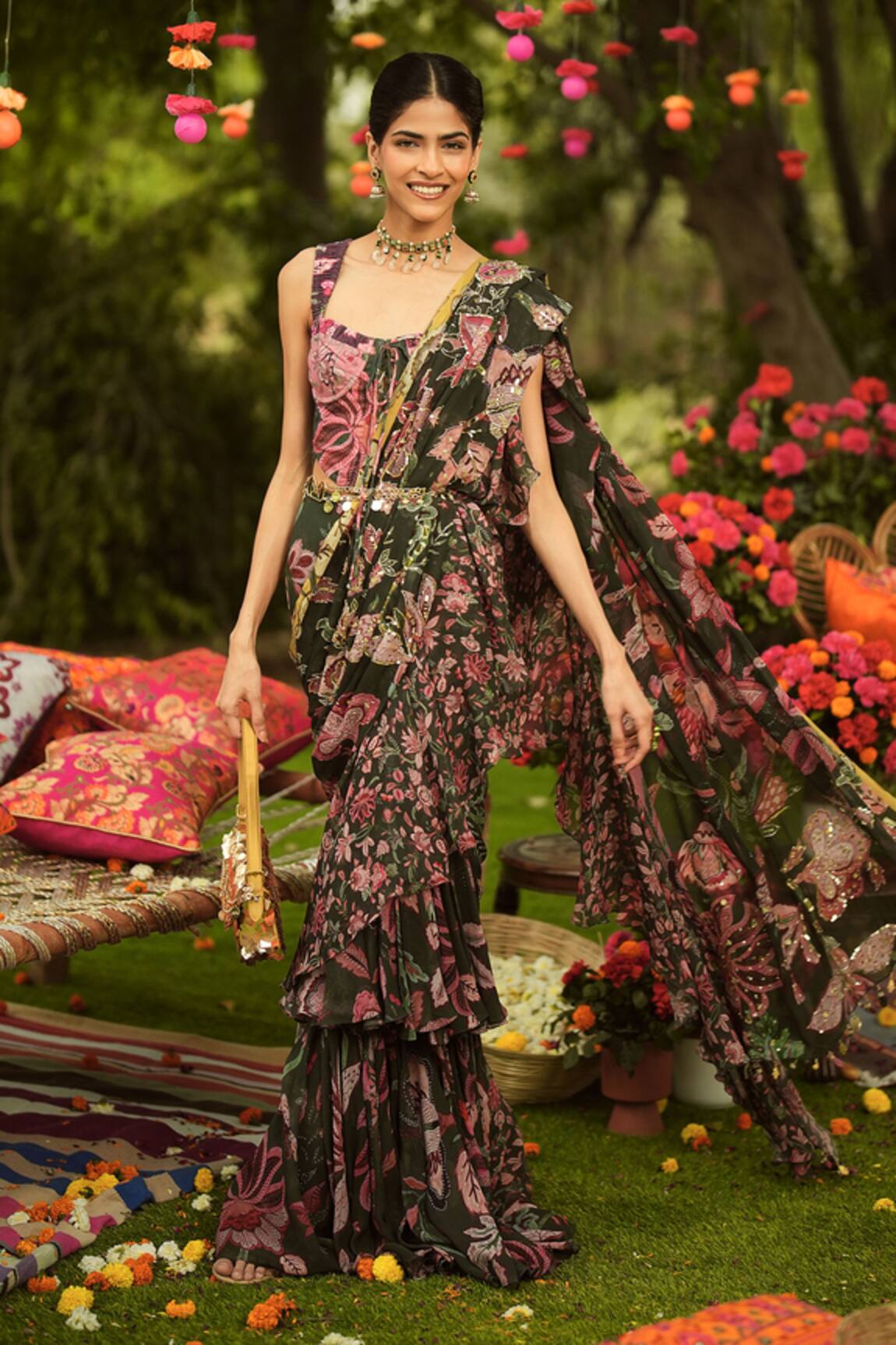 Mahima Mahajan Pine Green Designer Pre-Draped Saree Set 