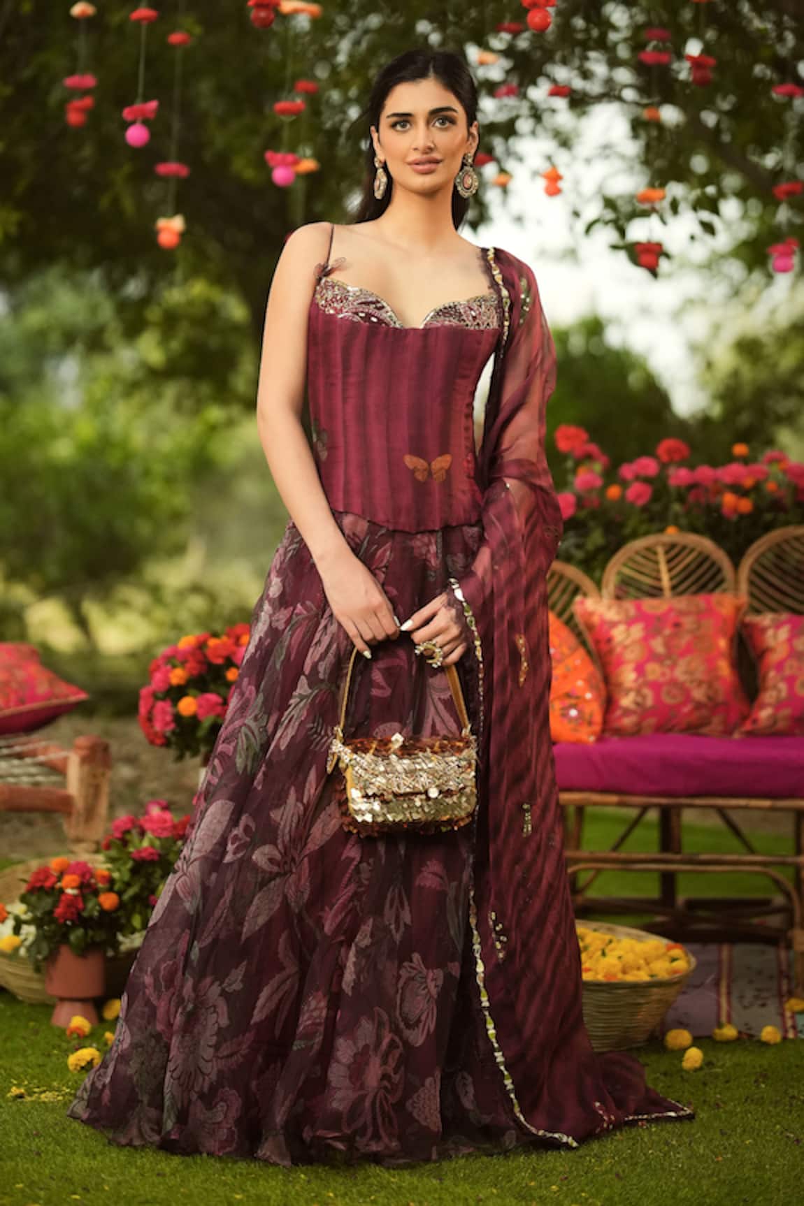 Mahima Mahajan Burgundy Designer Corset Kurta & Dupatta Set 