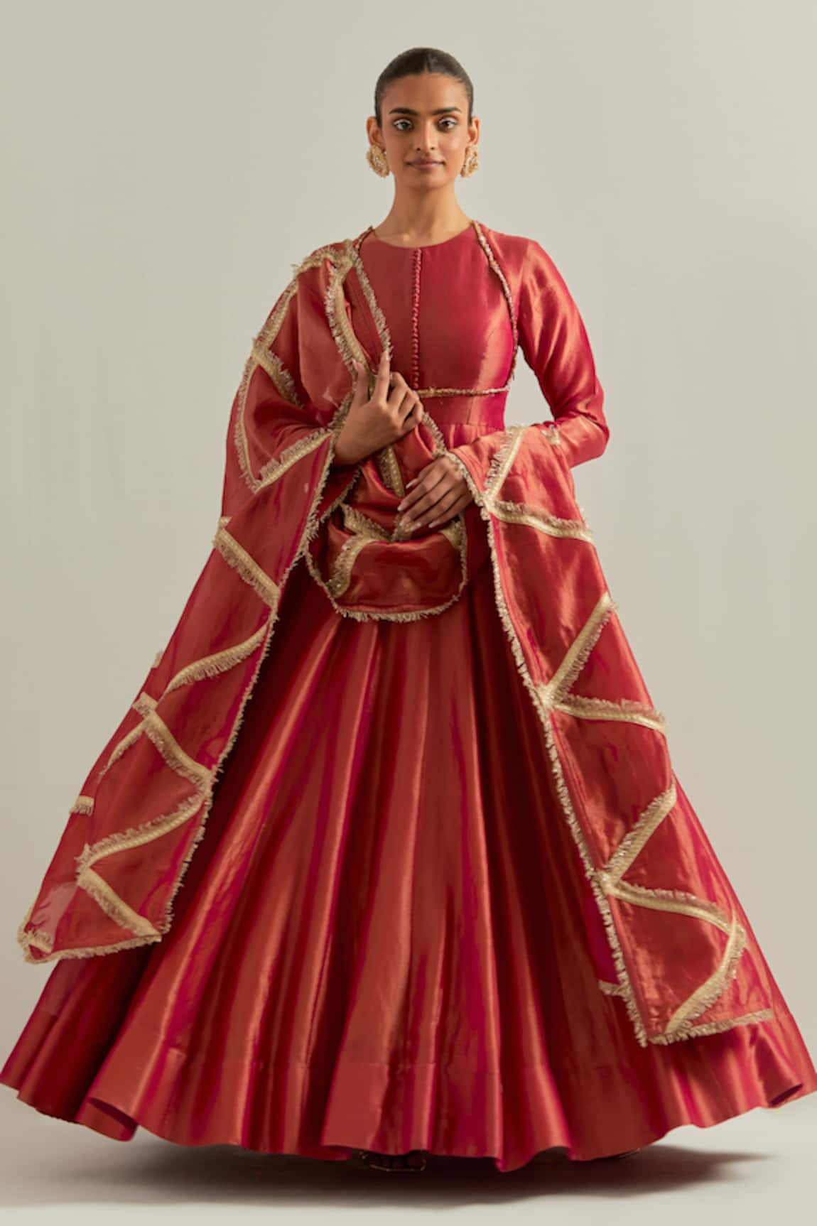 Ikshita Choudhary Rust Red Shimmer Organza Anarkali Set 