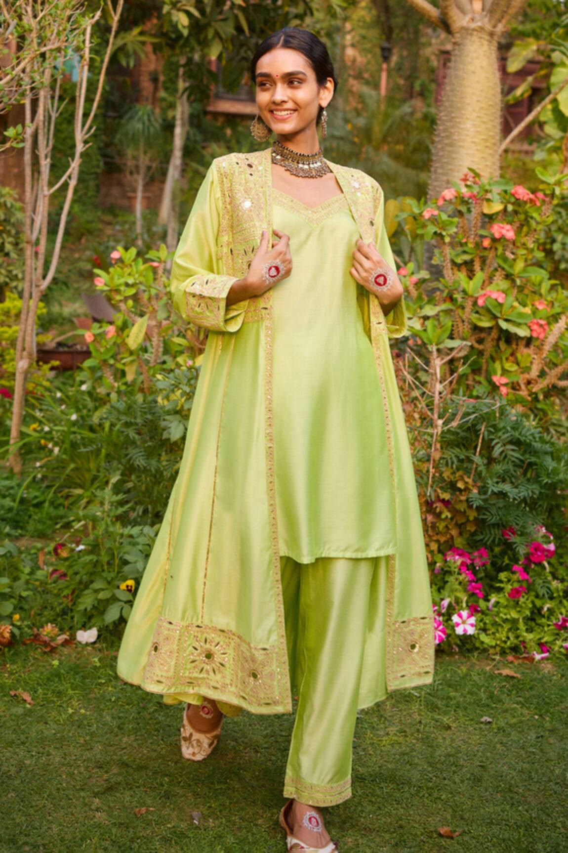 Gulabo By Abu Sandeep Pista Green Modal Chanderi Kurta Set 