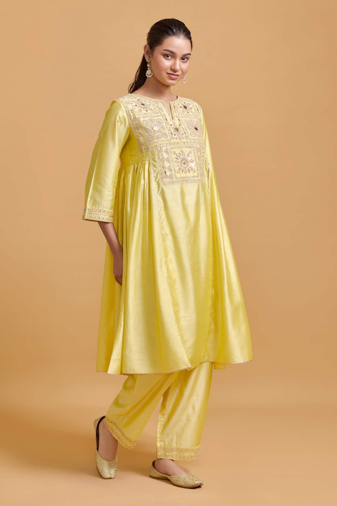 Gulabo By Abu Sandeep Embroidered Yellow Modal Chanderi Kurta Set 