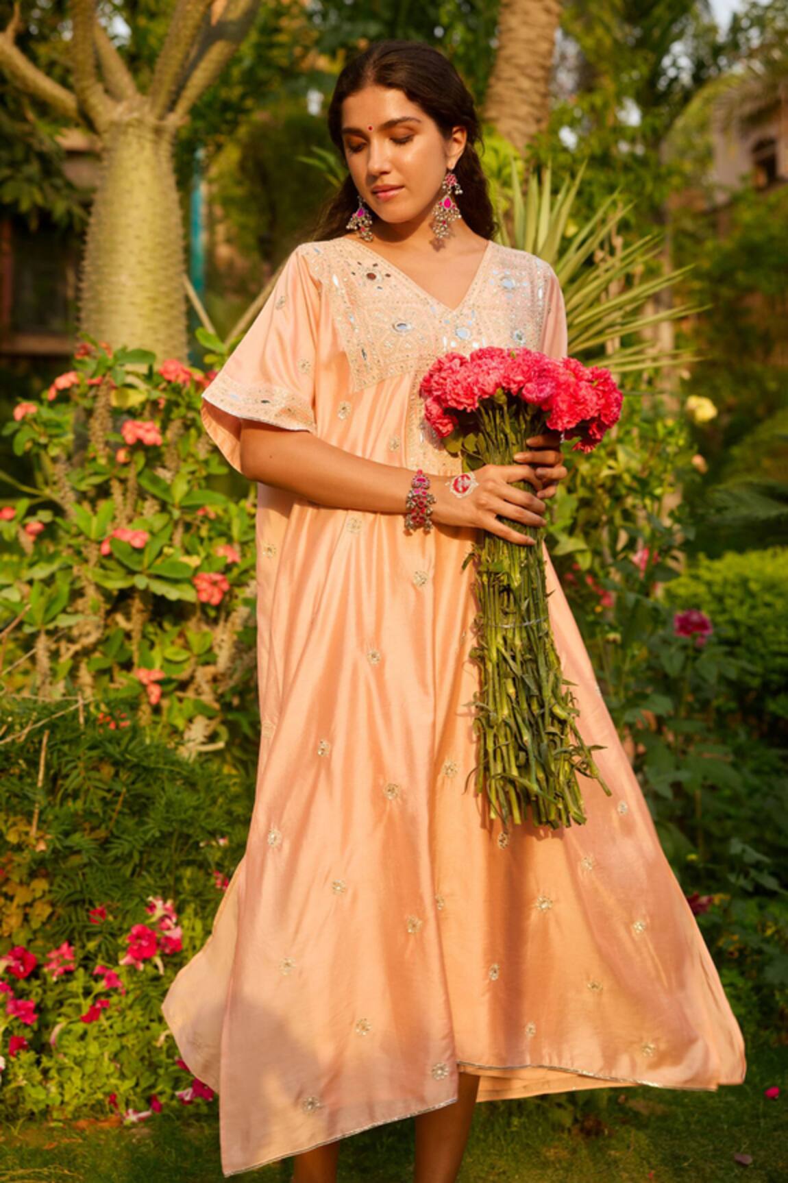Gulabo By Abu Sandeep Embroidered Pink Modal Chanderi Kaftan 