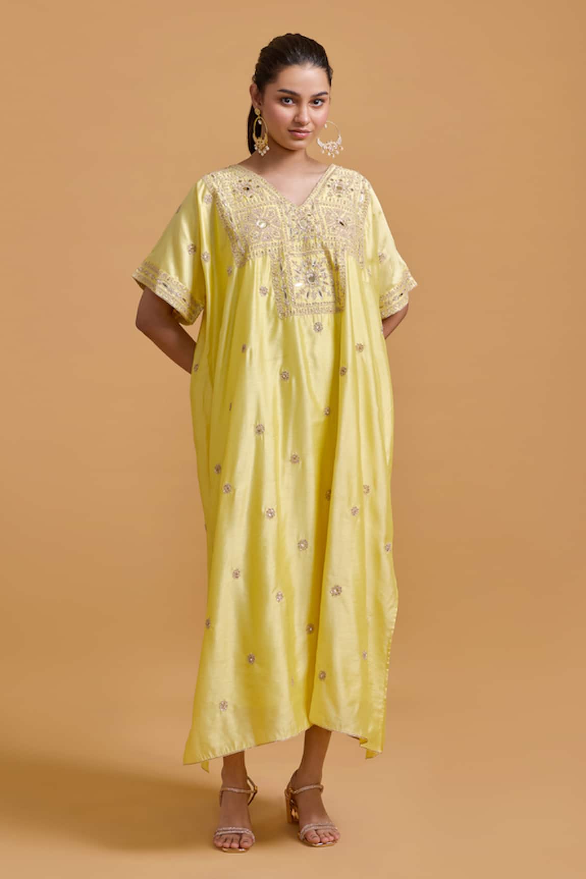 Gulabo By Abu Sandeep Embroidered Yellow Modal Chanderi Kaftan 