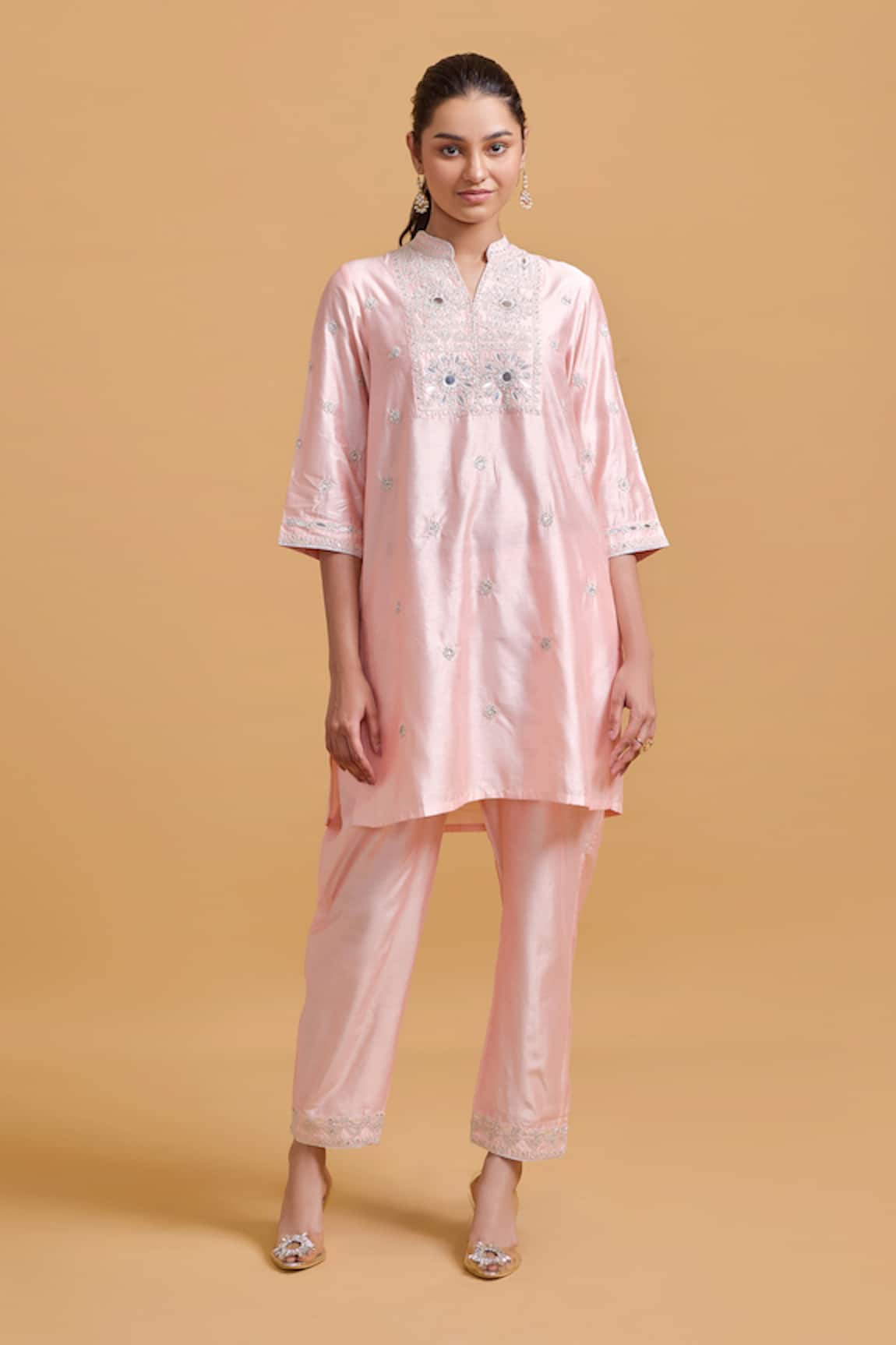 Gulabo By Abu Sandeep Embroidered Pink Modal Chanderi Kurta Set 