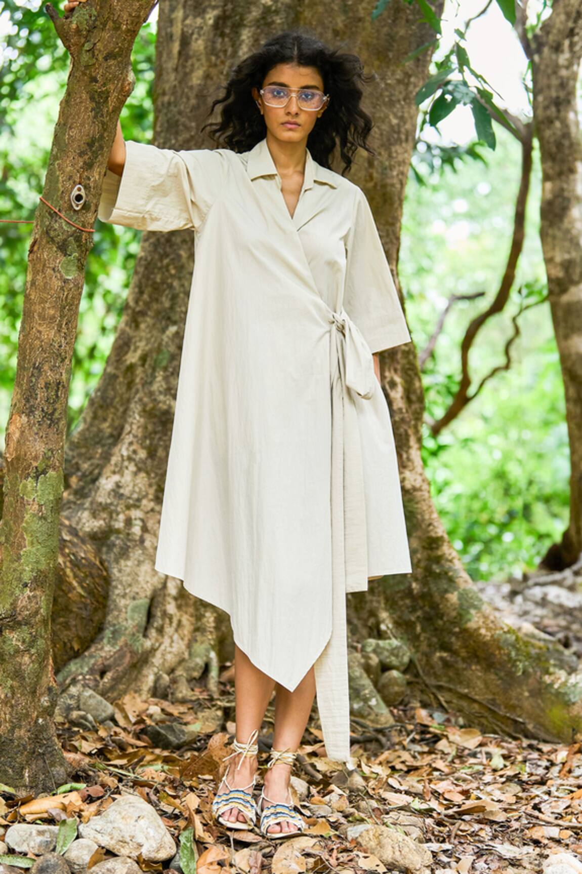 Dash And Dot Asymmetrical Hem Wrap Midi Shirt Dress 
