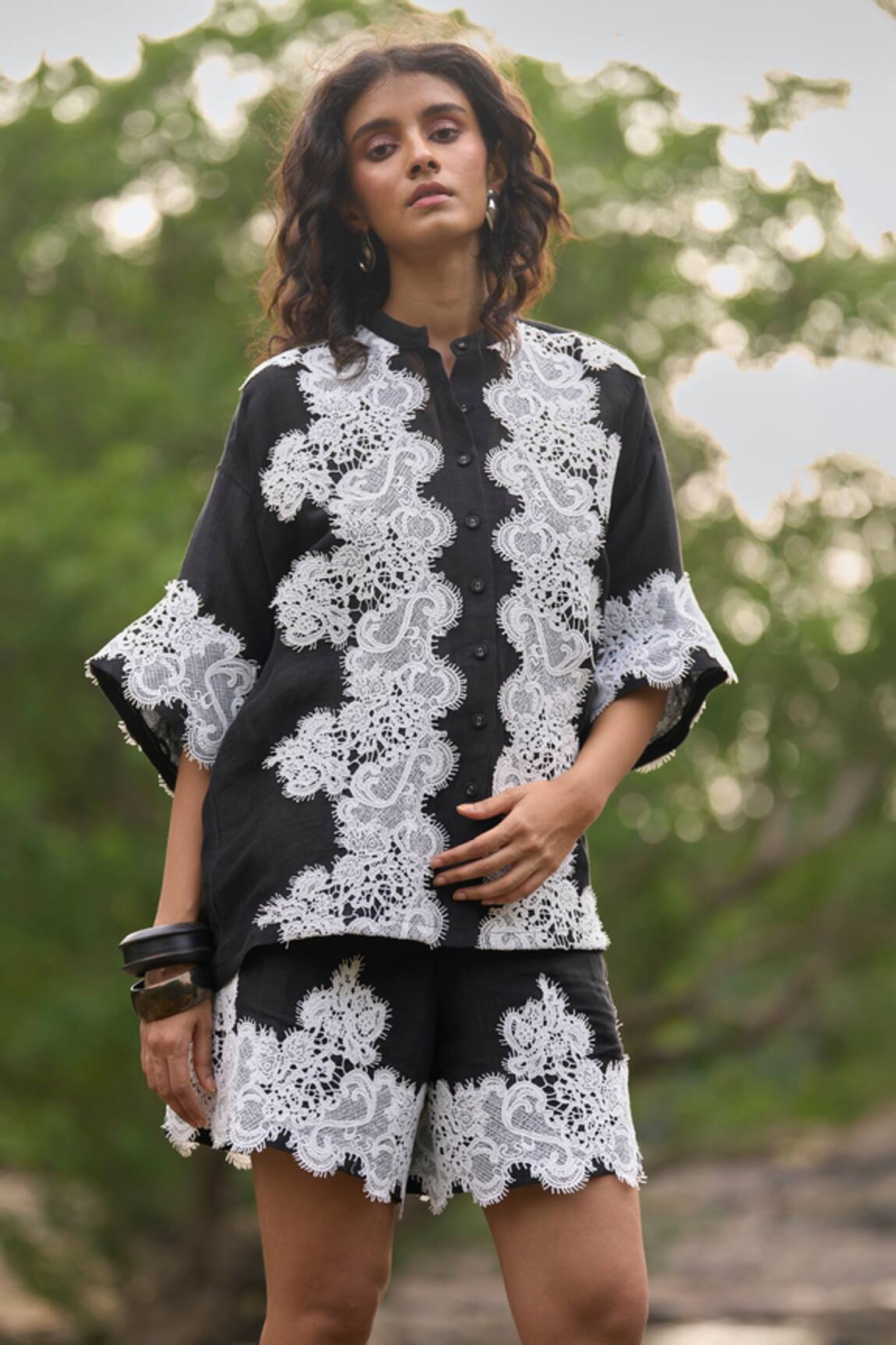 Dash And Dot Black Lace Appliqued Relaxed Fit Shirt