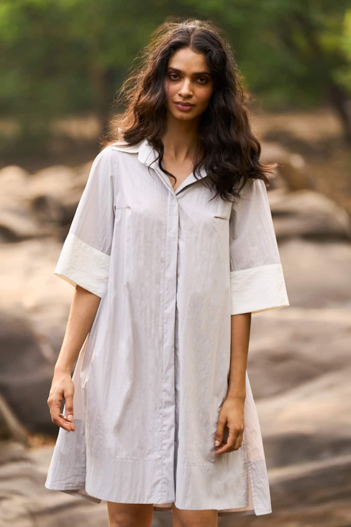Dash And Dot Grey Colour Blocked Shirt Dress 
