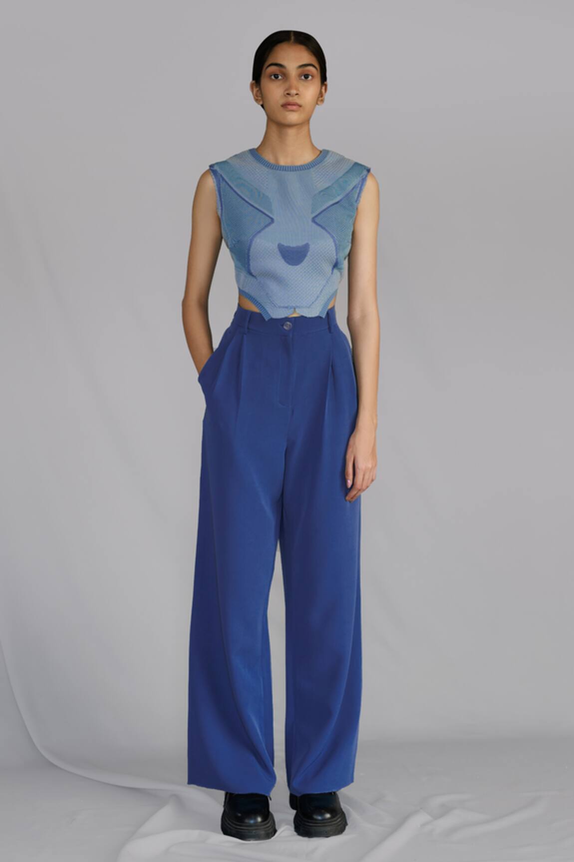 Anurag Gupta Blue Knitted Panel Top Set 