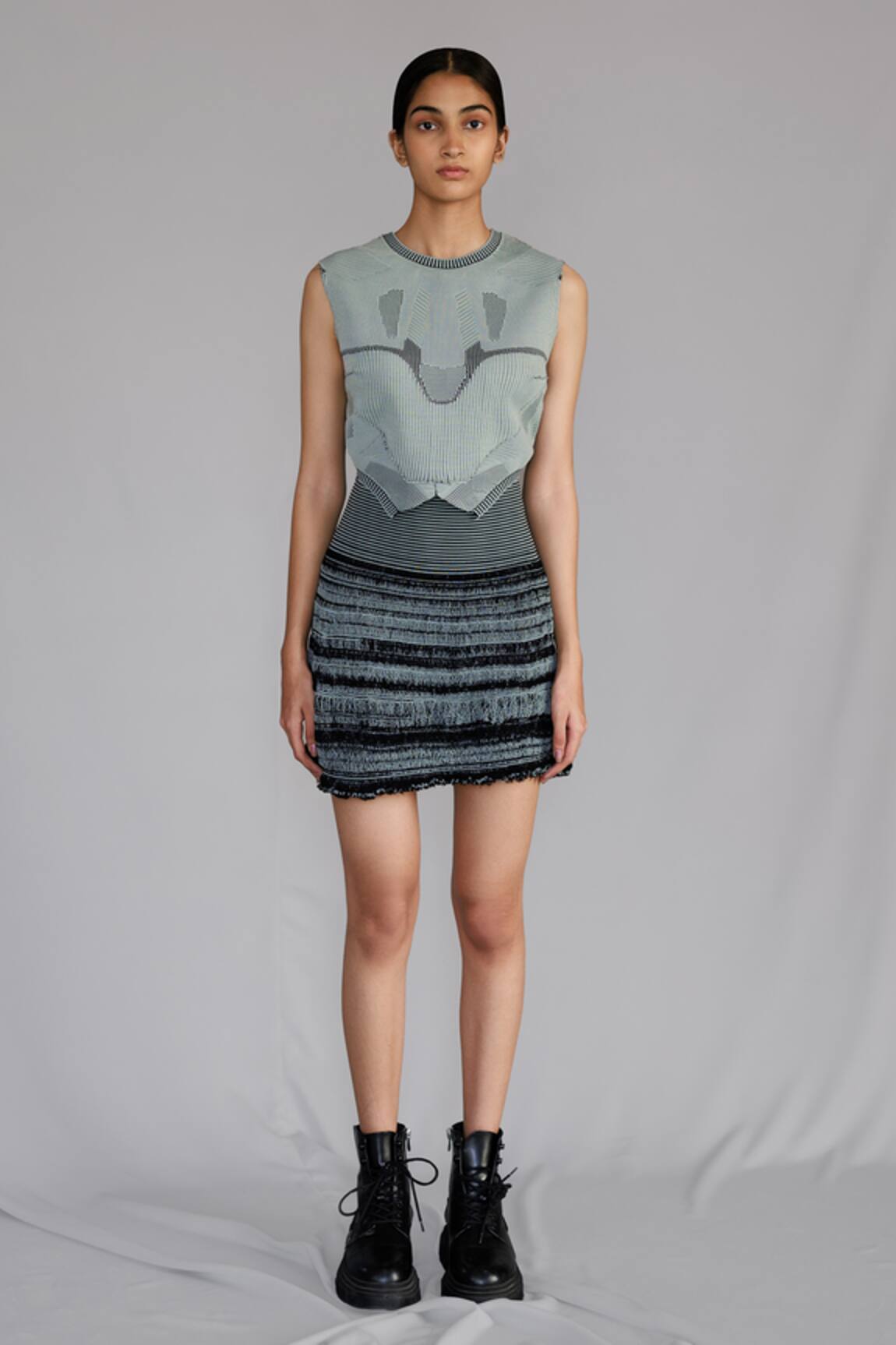 Anurag Gupta Grey Knitted Panel Top & Skirt Set 