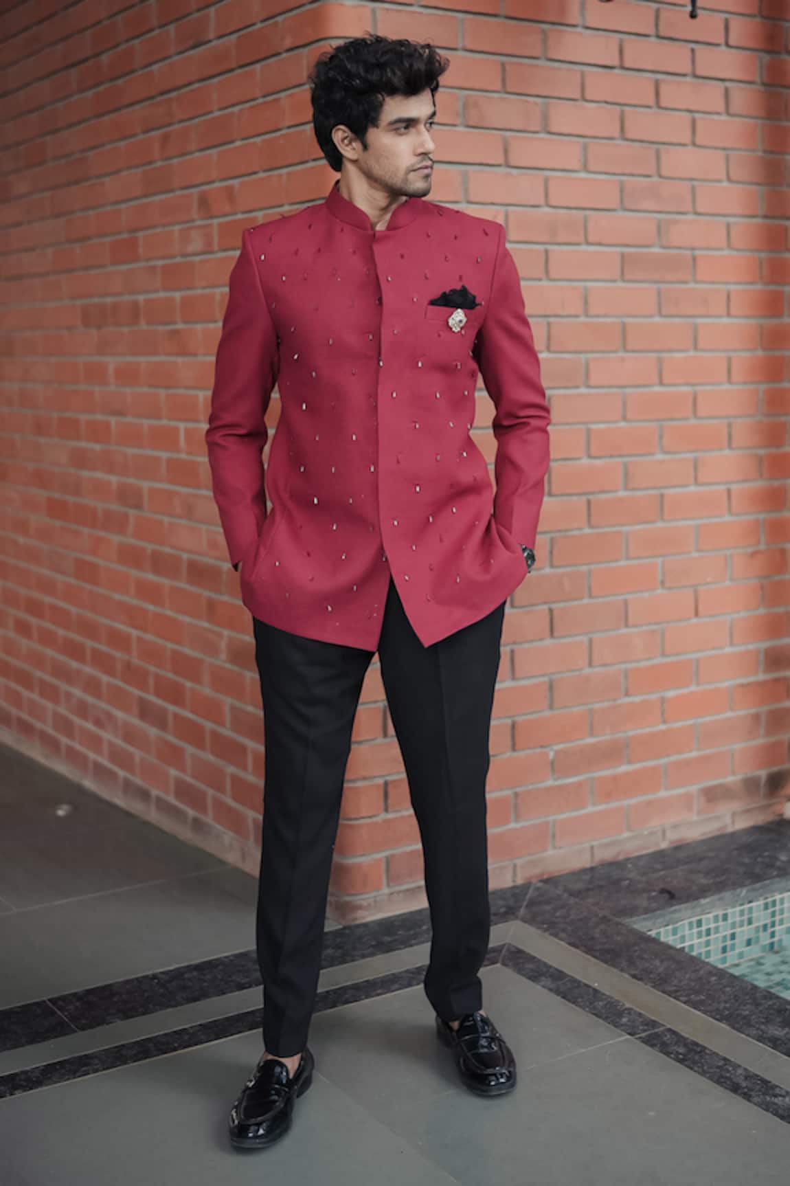 Pooja Bagaria Maroon Crystal Bandhgala Set 