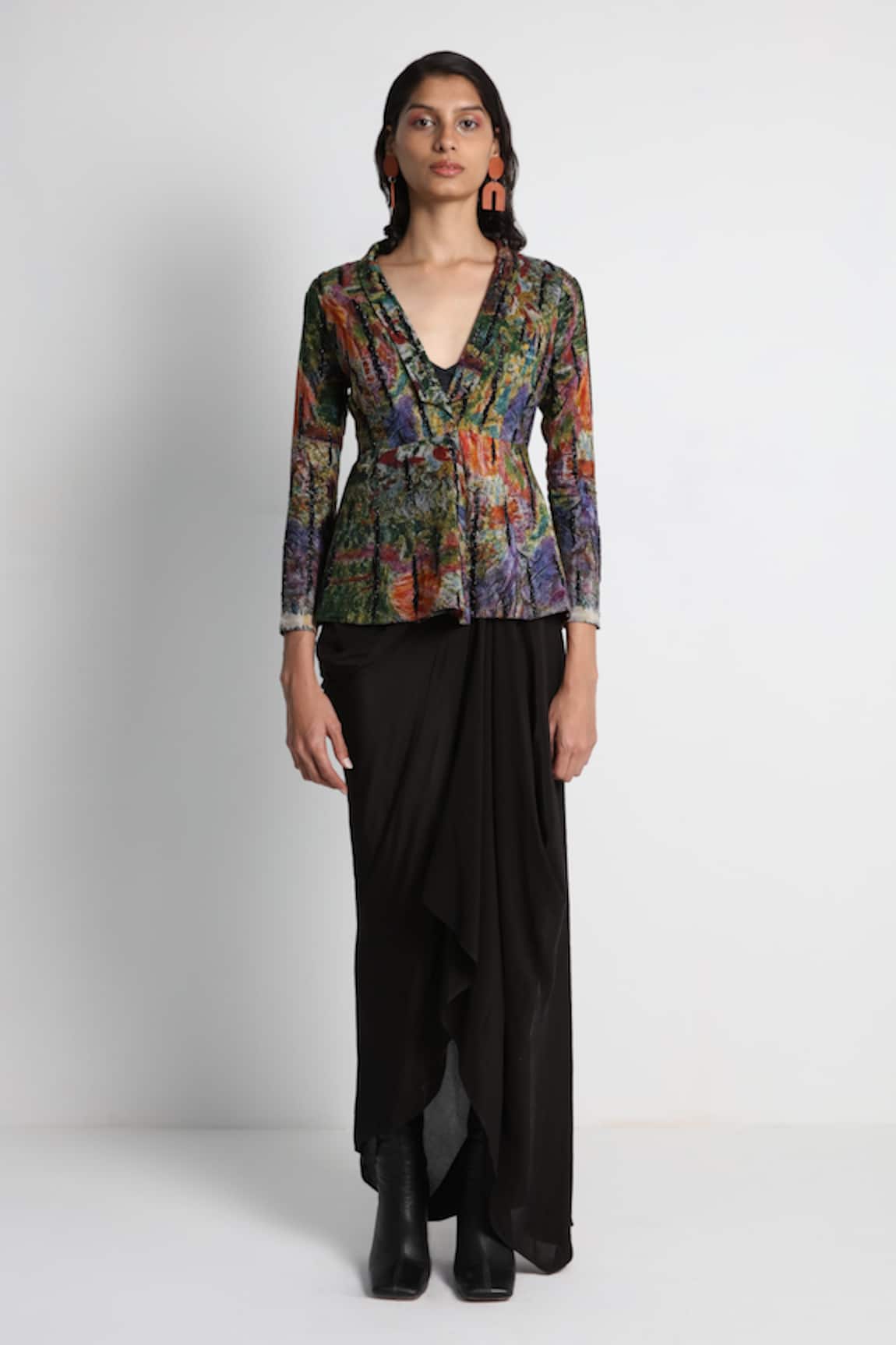 Forty Four Multi Color Designer Jacket & Skirt Set 