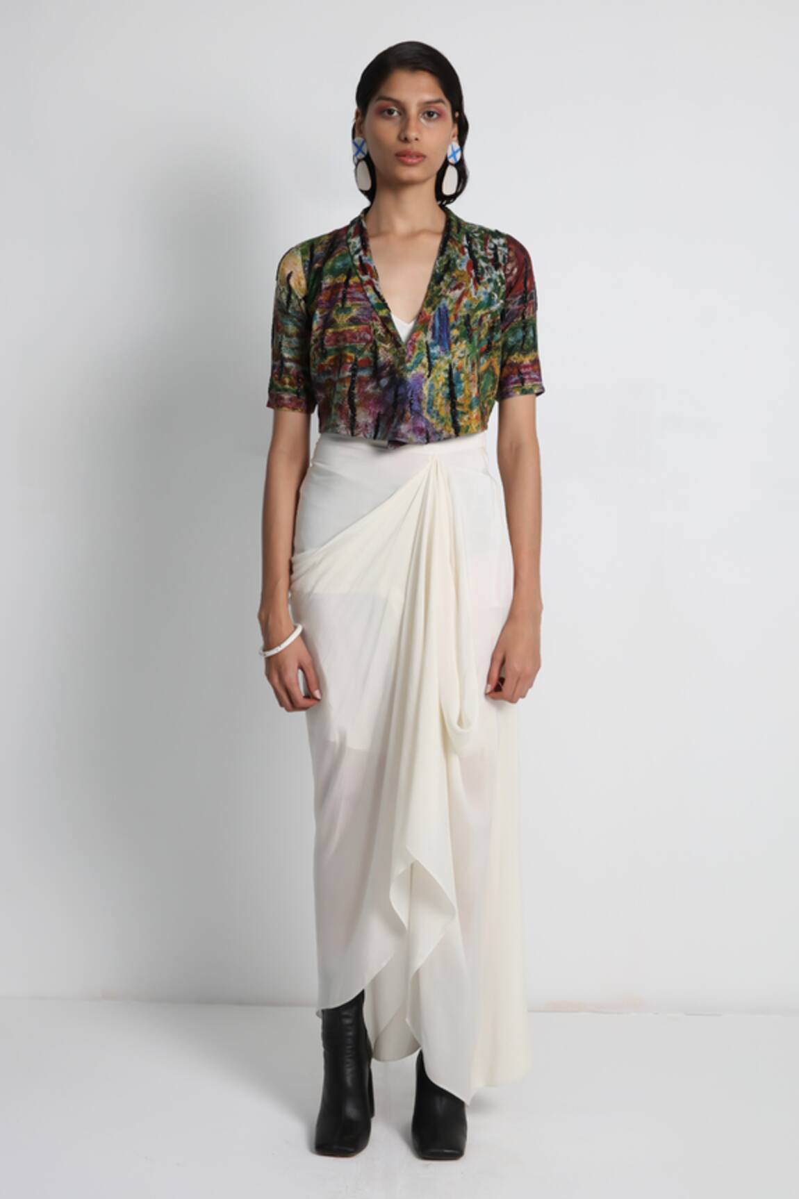 Forty Four Multi Color Draped Skirt & Jacket Set 