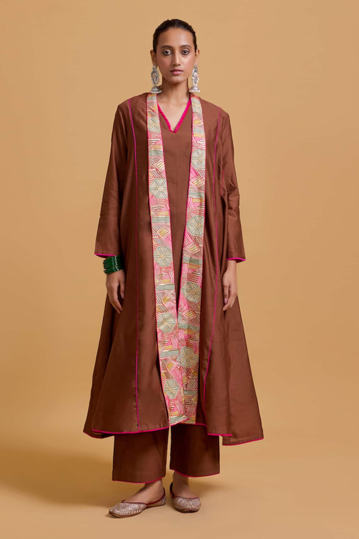 Gulabo By Abu Sandeep Brown Chanderi Jacket Kurta Pant Set 