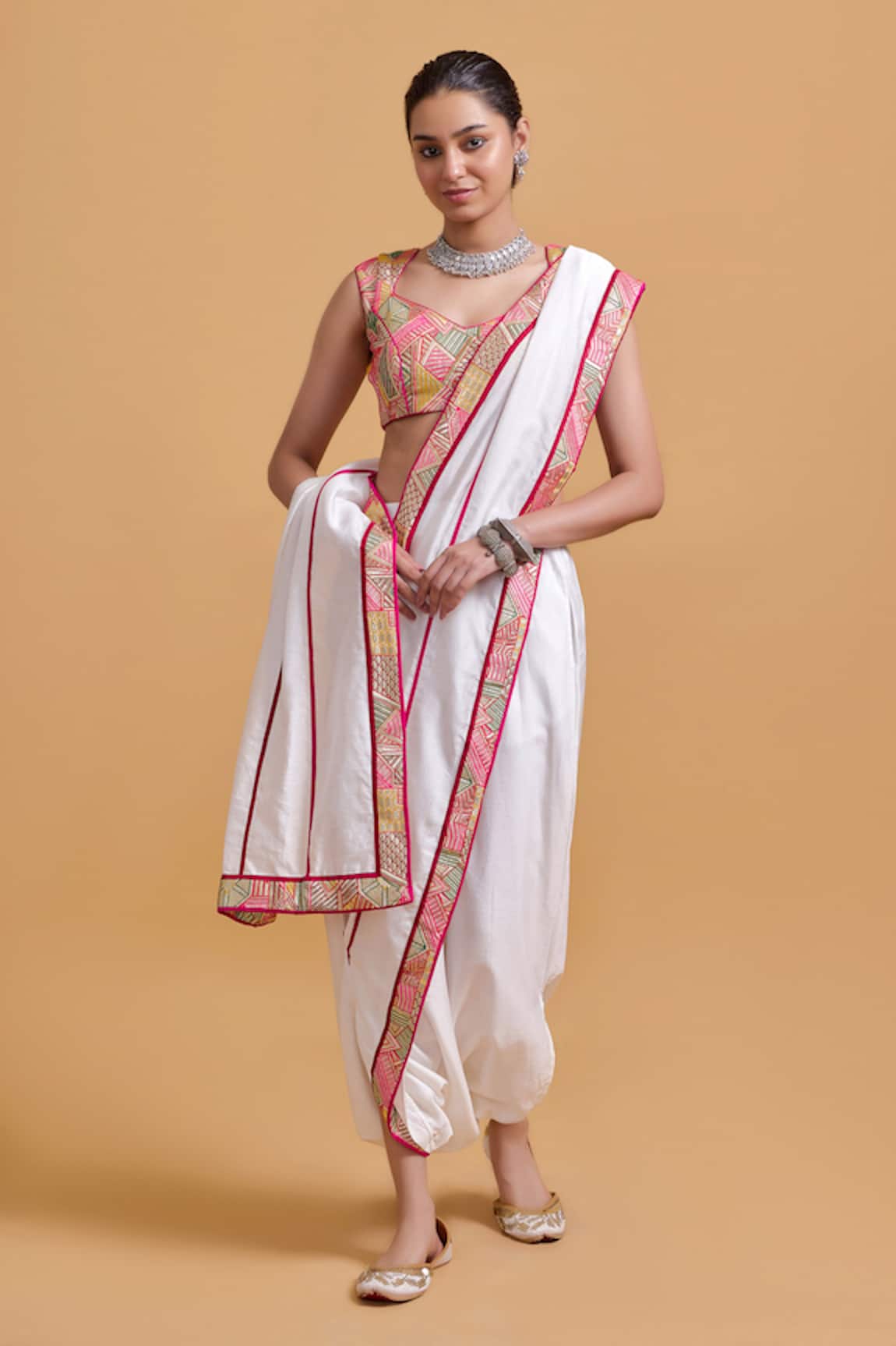 Gulabo By Abu Sandeep Off White Chanderi Pre-Draped Dhoti Saree 