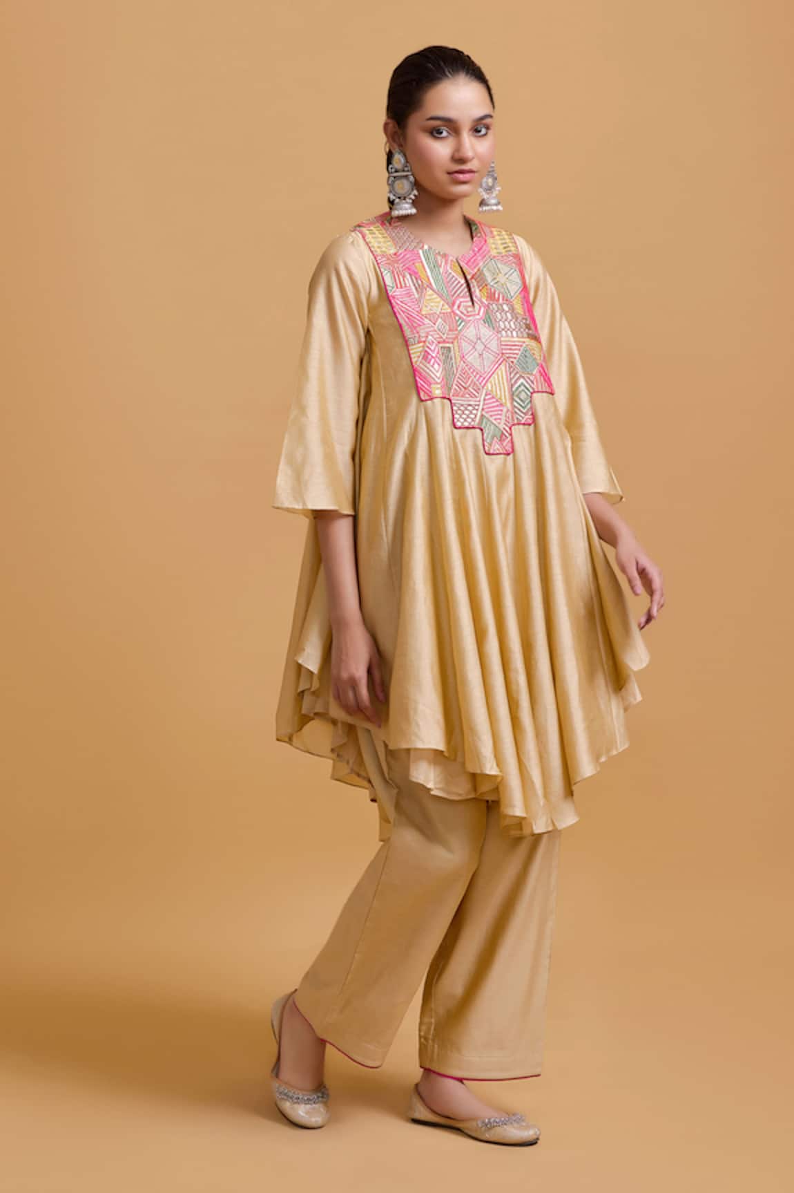 Gulabo By Abu Sandeep Beige Chanderi Embroidered Kurta Pant Set 