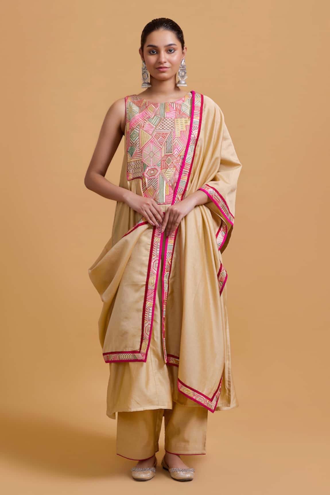 Gulabo By Abu Sandeep Beige Chanderi Embroidered Kurta Set 