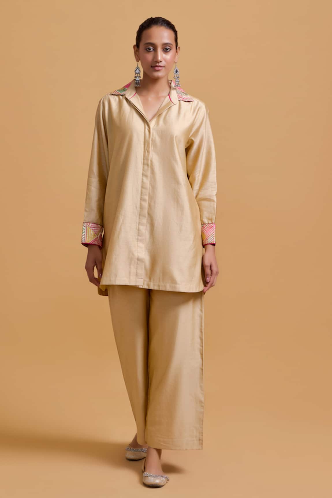 Gulabo By Abu Sandeep Beige Chanderi Shirt & Pant Set 
