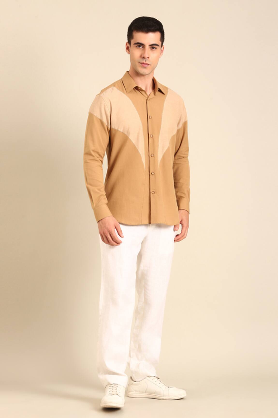 Mayank Modi - Men Designer Beige-Khaki Malai Cotton Shirt 