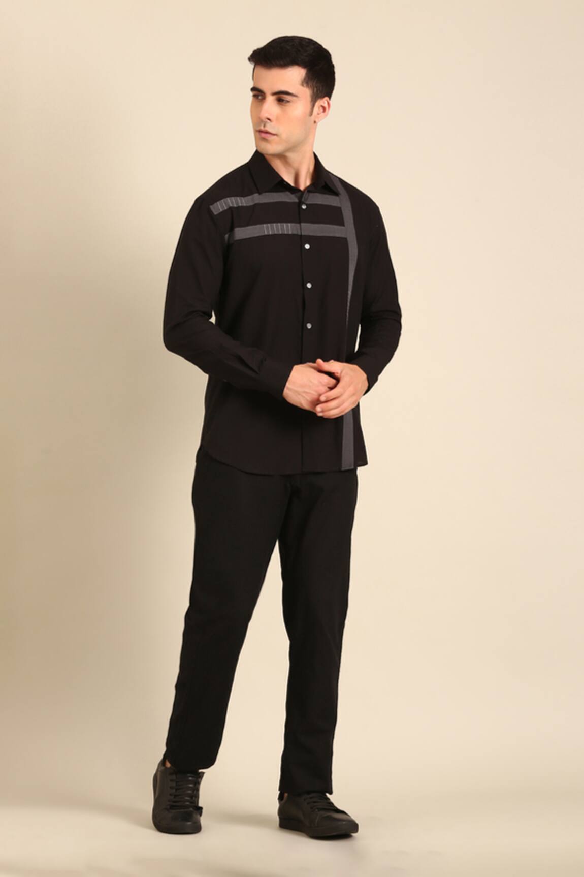 Mayank Modi - Men Black-Charcoal Malai Cotton Shirt 
