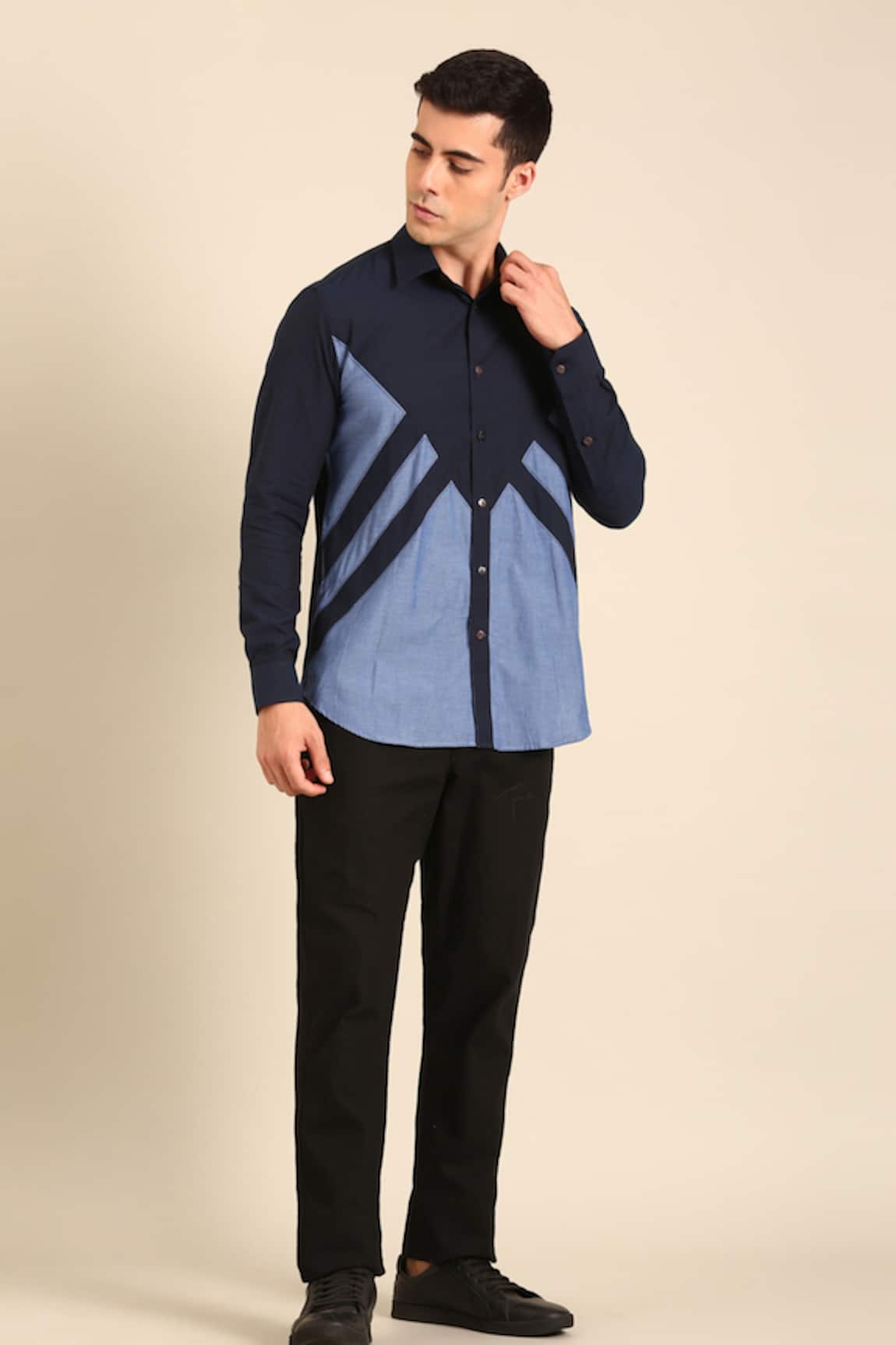 Mayank Modi - Men Designer Navy Blue Malai Cotton Shirt 