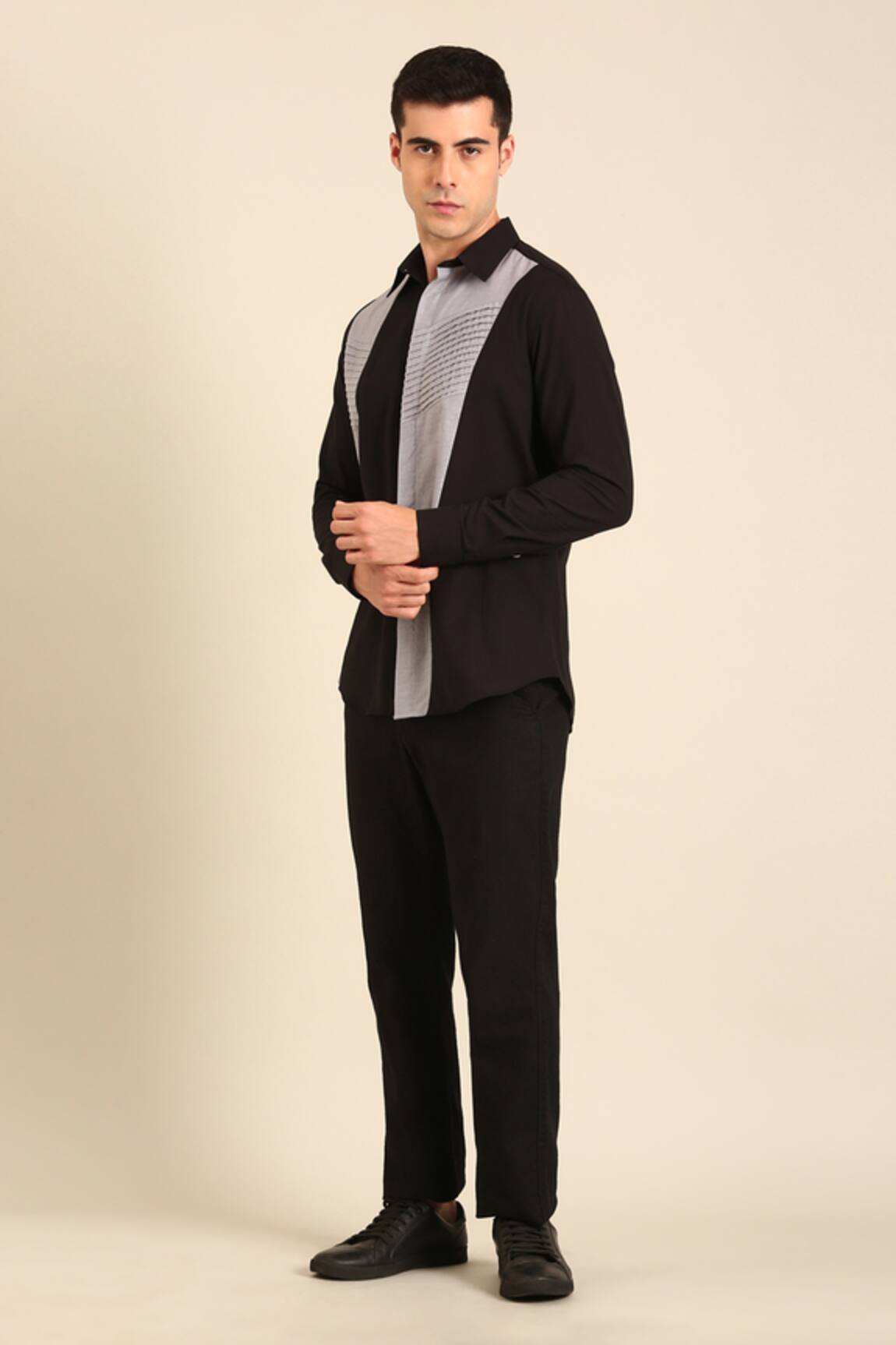 Mayank Modi - Men Designer Black-Silver Malai Cotton Shirt 