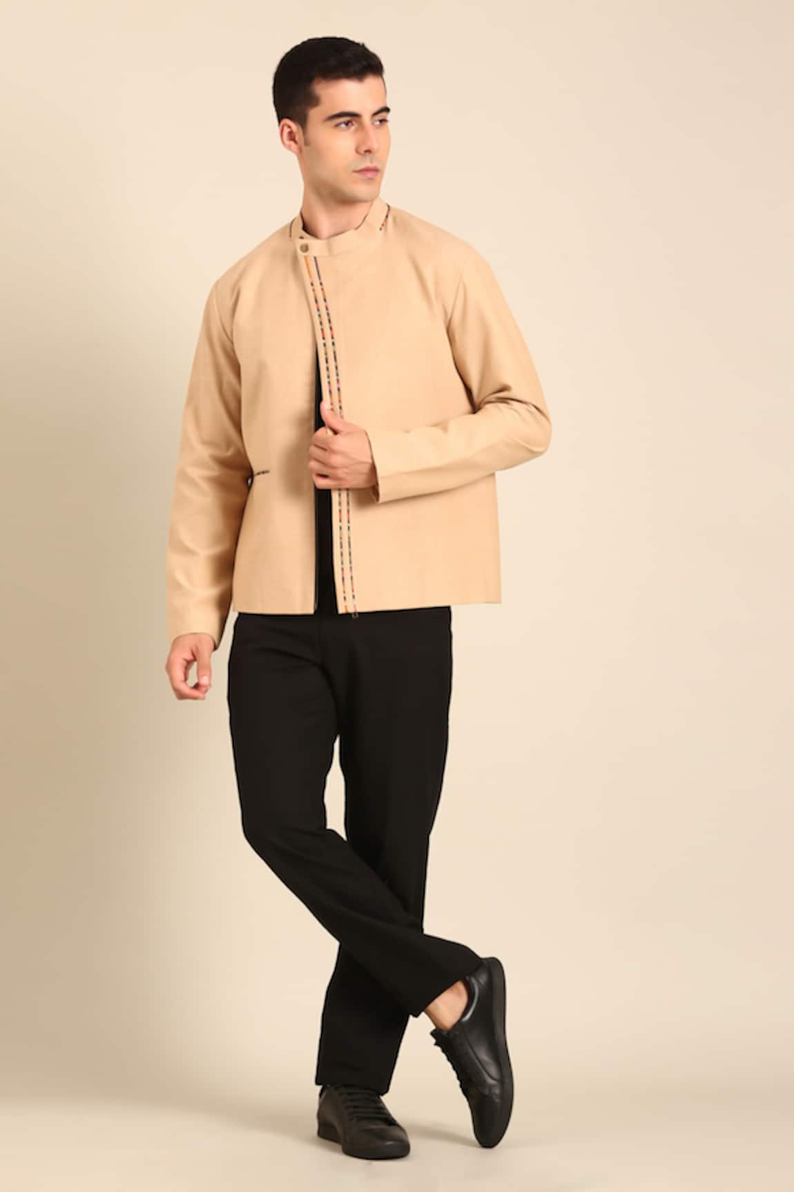 Mayank Modi - Men Beige Print Malai Cotton Bomber Jacket 