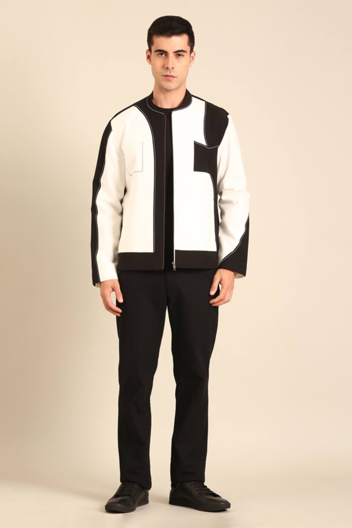 Mayank Modi - Men Black & White Malai Cotton Bomber Jacket 