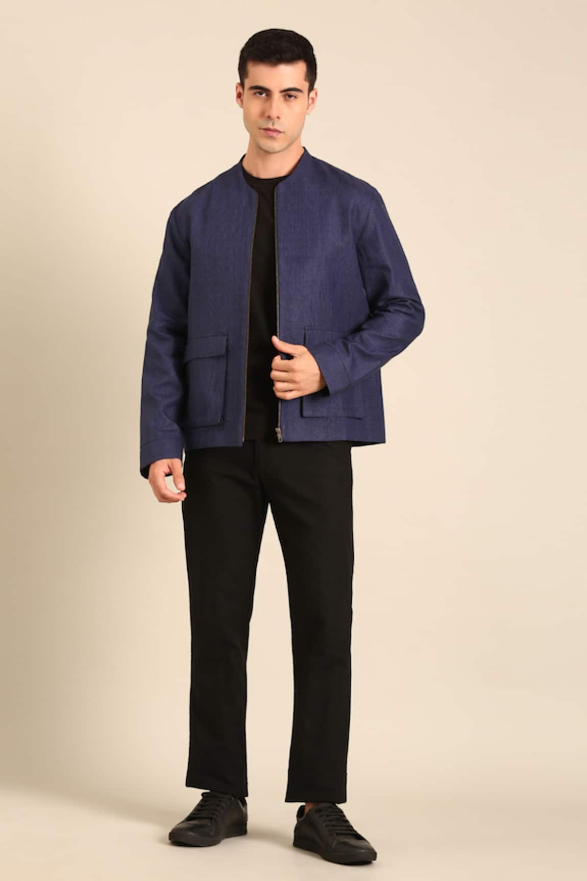 Mayank Modi - Men Designer Blue Linen Bomber Jacket 
