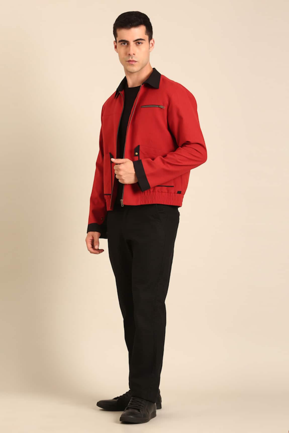 Mayank Modi - Men Red & Black Malai Cotton Bomber Jacket 