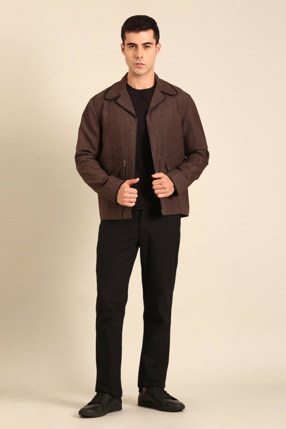 Mayank Modi - Men Brown 100% Linen Bomber Jacket 