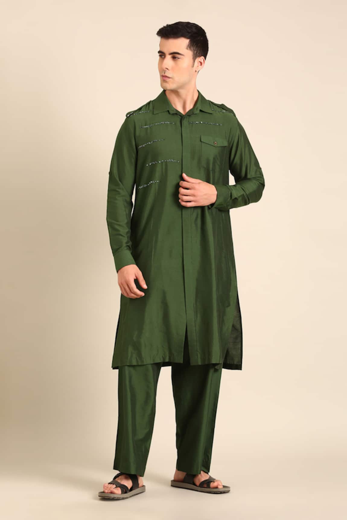 Mayank Modi - Men Designer Green Silk Cotton Kurta  