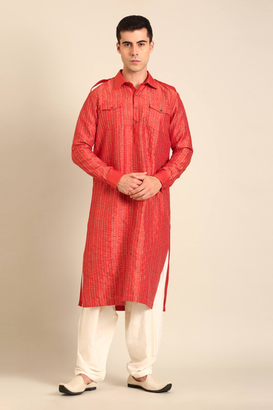 Mayank Modi - Men Rust Orange Bemberg Silk Kurta Set 