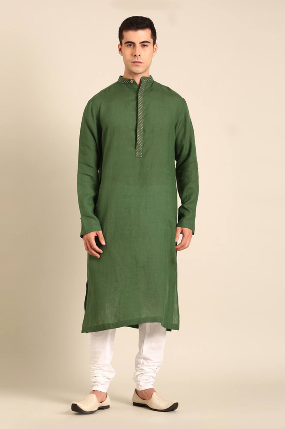 Mayank Modi - Men Designer Green Linen Kurta  