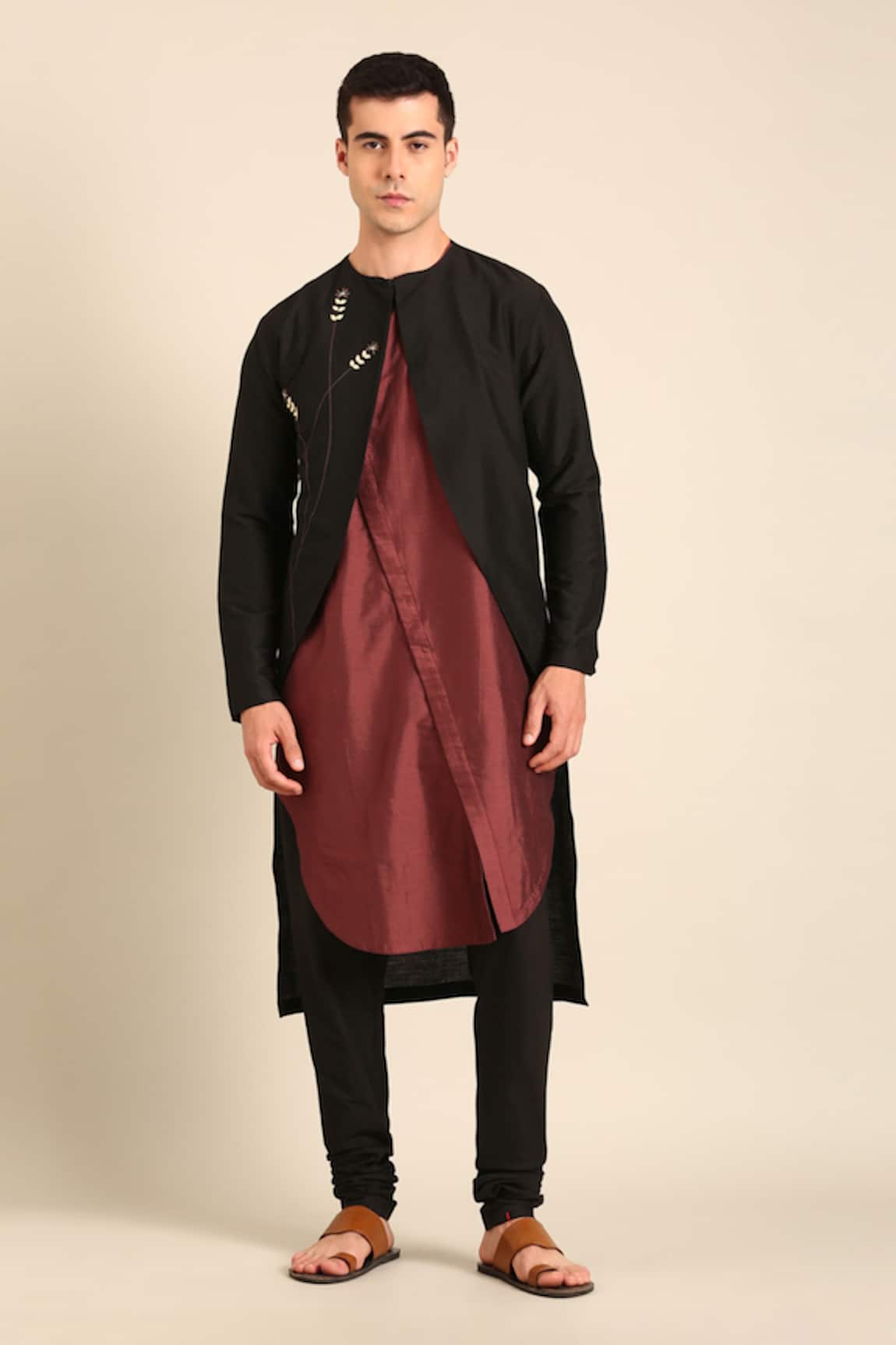 Mayank Modi - Men Black-Brown Silk Cotton Kurta  