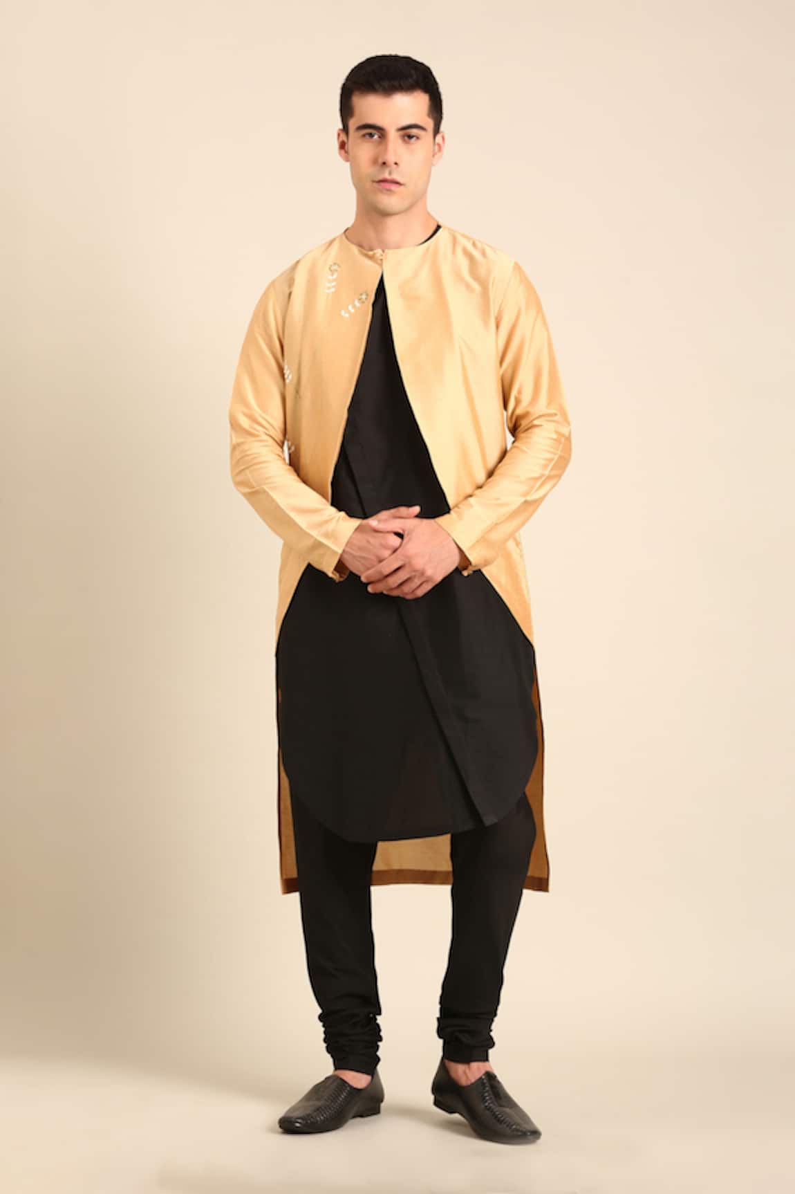 Mayank Modi - Men Gold-Black Silk Cotton Kurta  