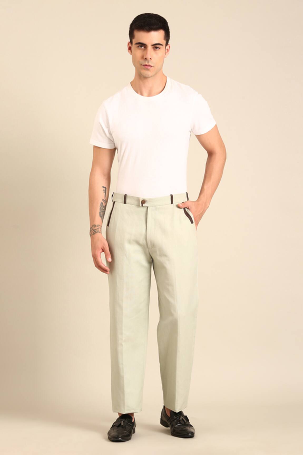 Mayank Modi - Men Green 100% Linen Trouser 