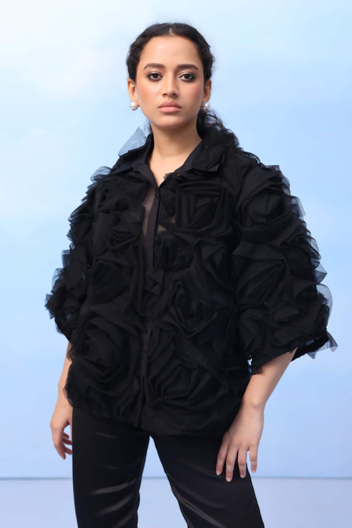 COUCHÉ BY ANANDINI Twisted Rose Black Silk Organza Shirt 