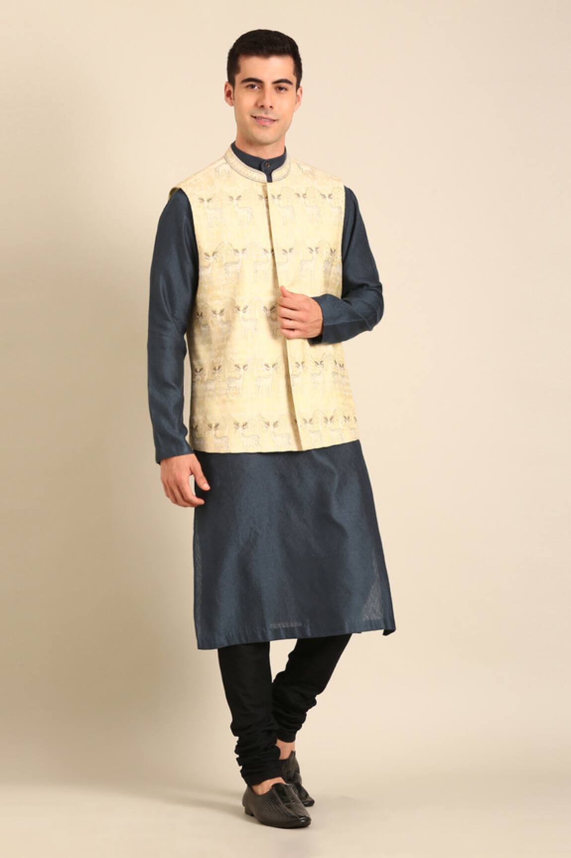 Mayank Modi - Men Green-Gold Silk Jacquard Nehru Jacket 