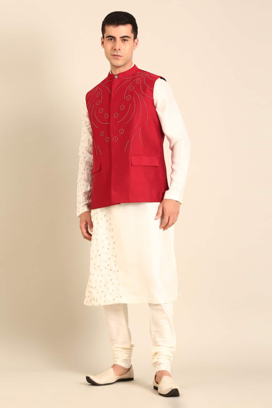 Mayank Modi - Men Designer Red Silk Cotton Nehru Jacket 