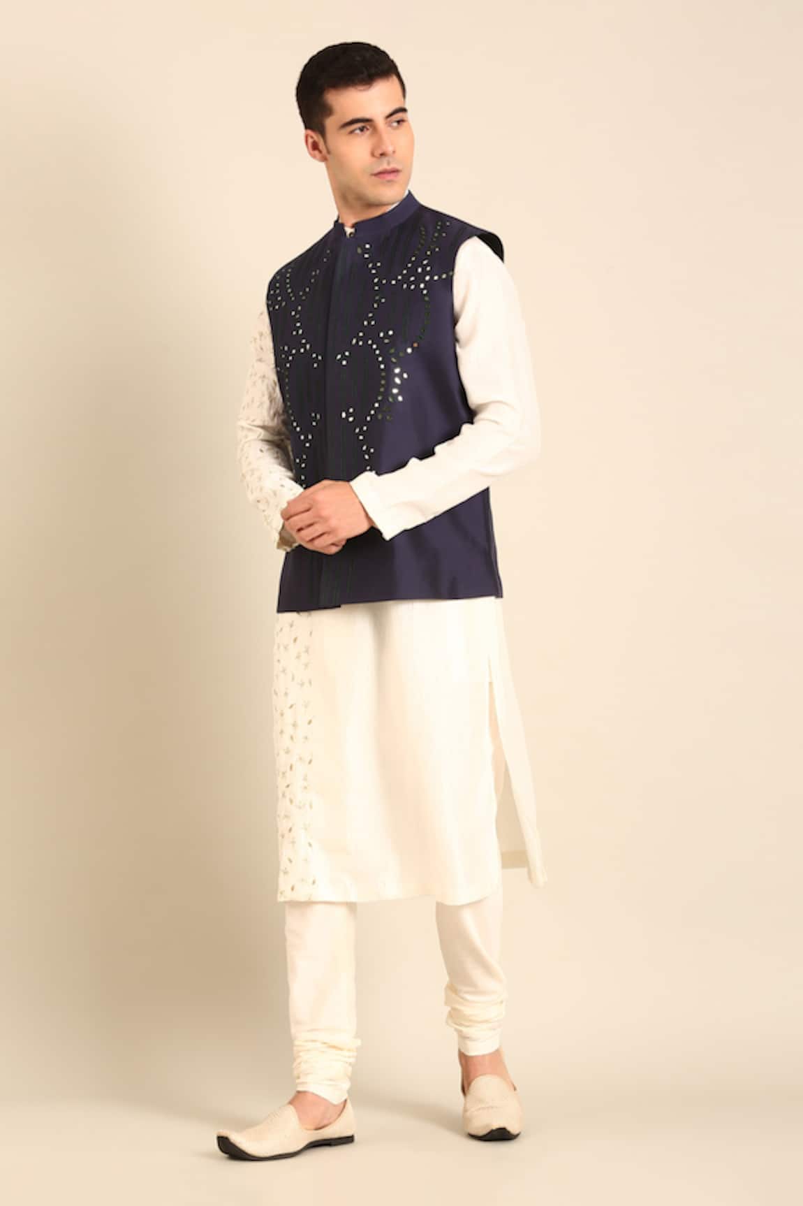Mayank Modi - Men Blue Silk Cotton Nehru Jacket 