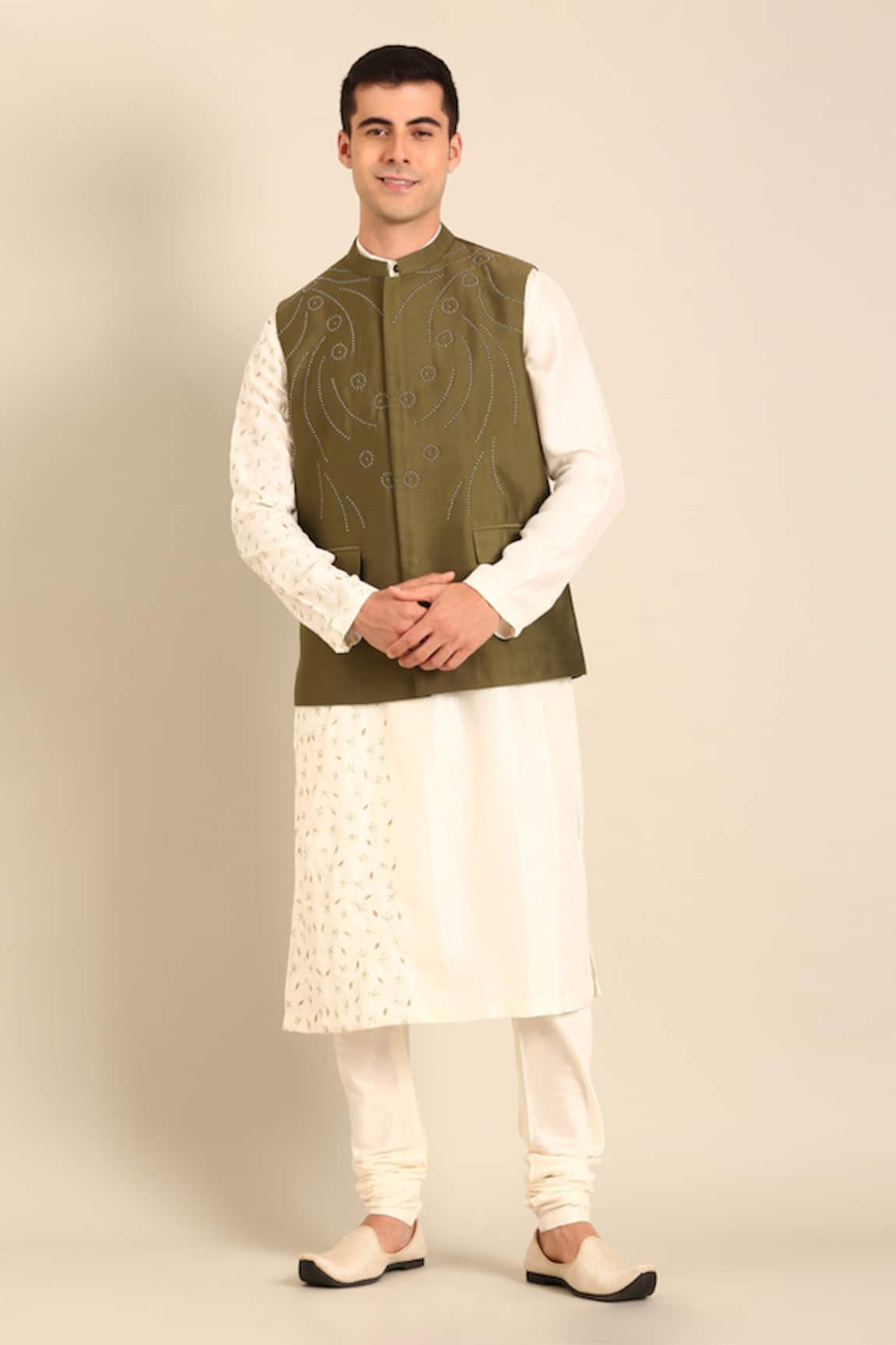 Mayank Modi - Men Designer Green Silk Cotton Nehru Jacket 