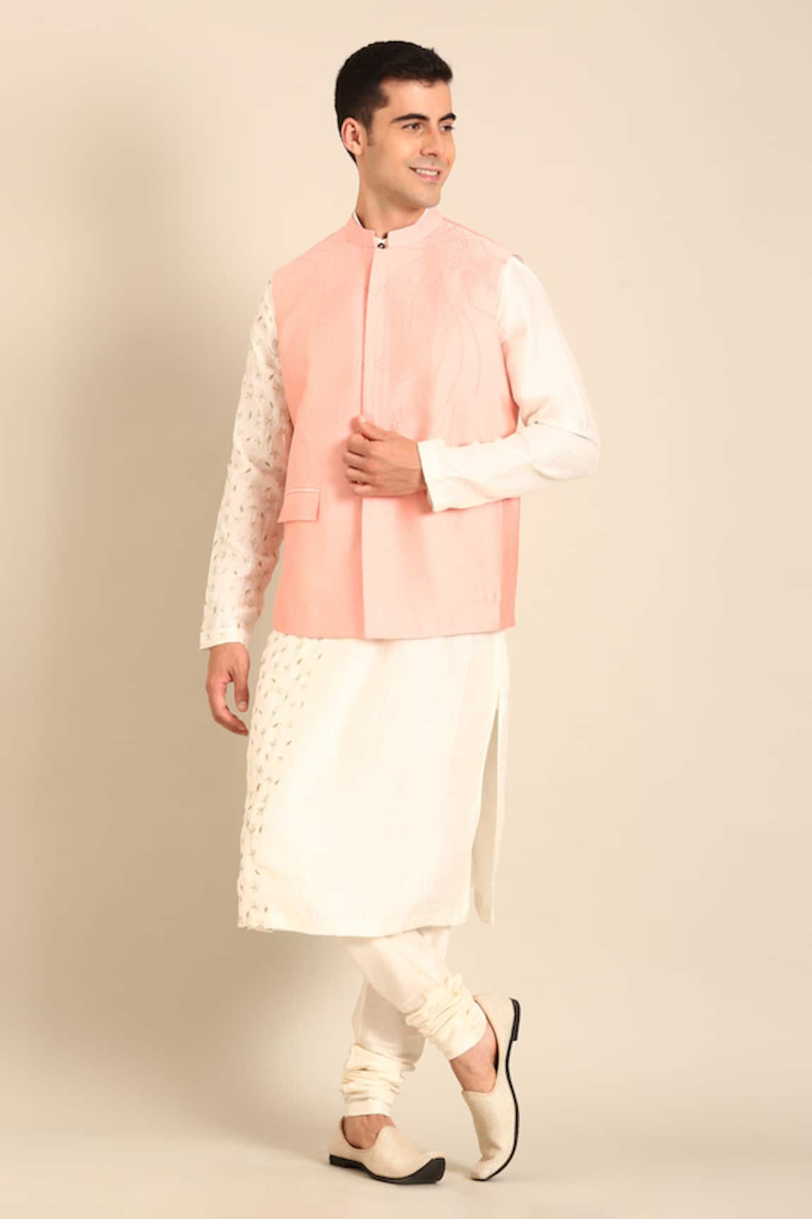 Mayank Modi - Men Baby Pink Silk Cotton Nehru Jacket 