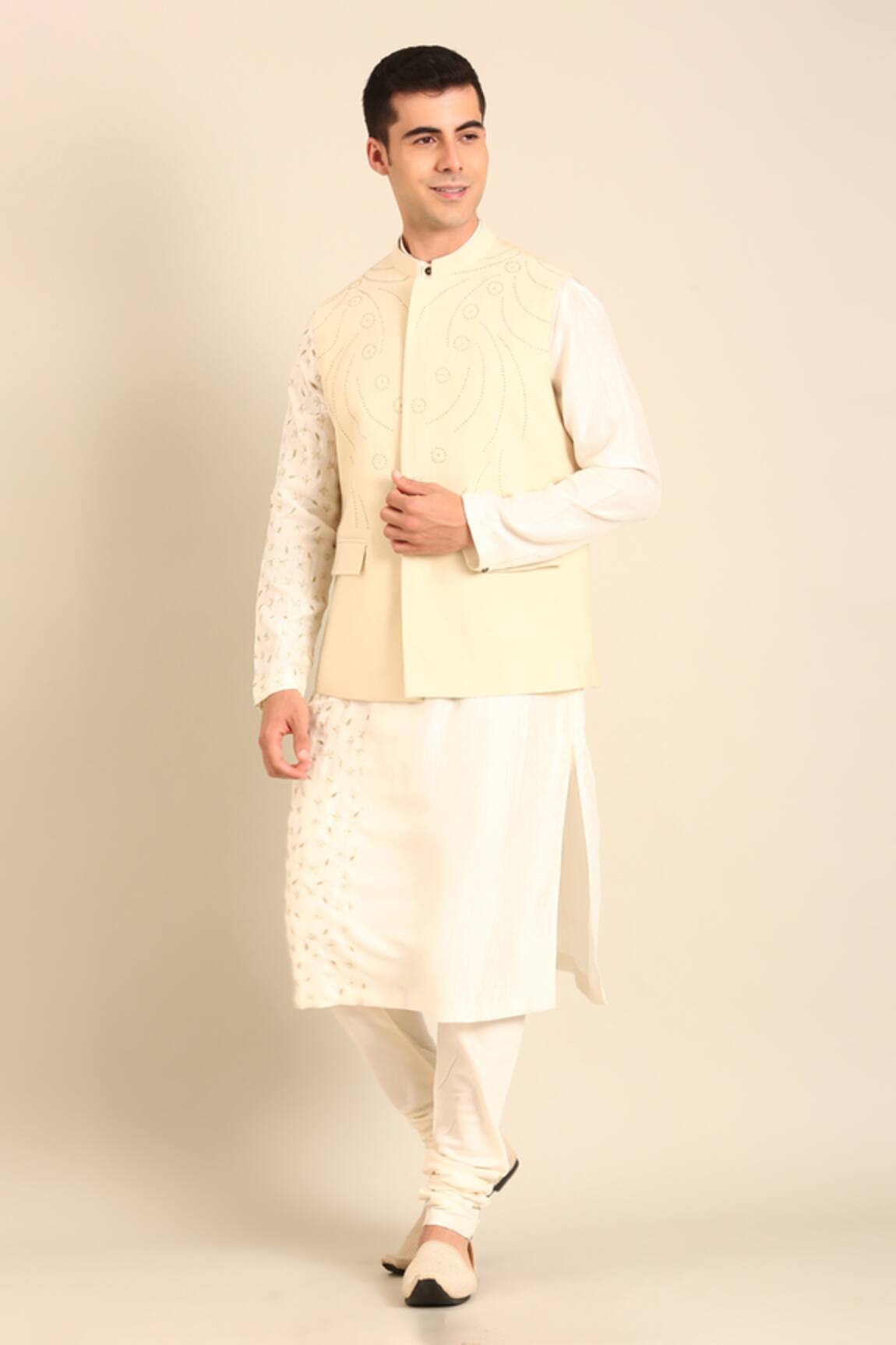 Mayank Modi - Men Silk Cotton Pista Green Nehru Jacket 