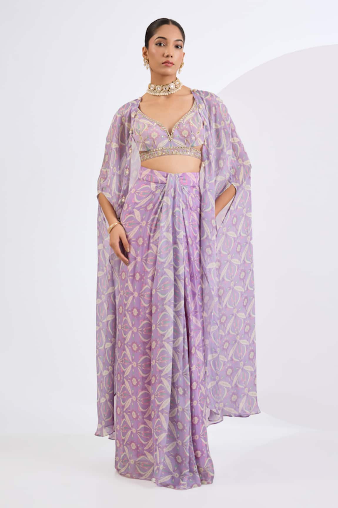 Neha Khullar Mosaic Print Lilac Drape Skirt Set 
